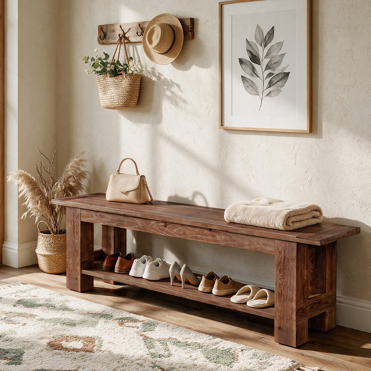 71" Extra Long Entryway Bench with Shoe Storage, Rustic Farmhouse Solid Wood, 2-Tier, Hallway