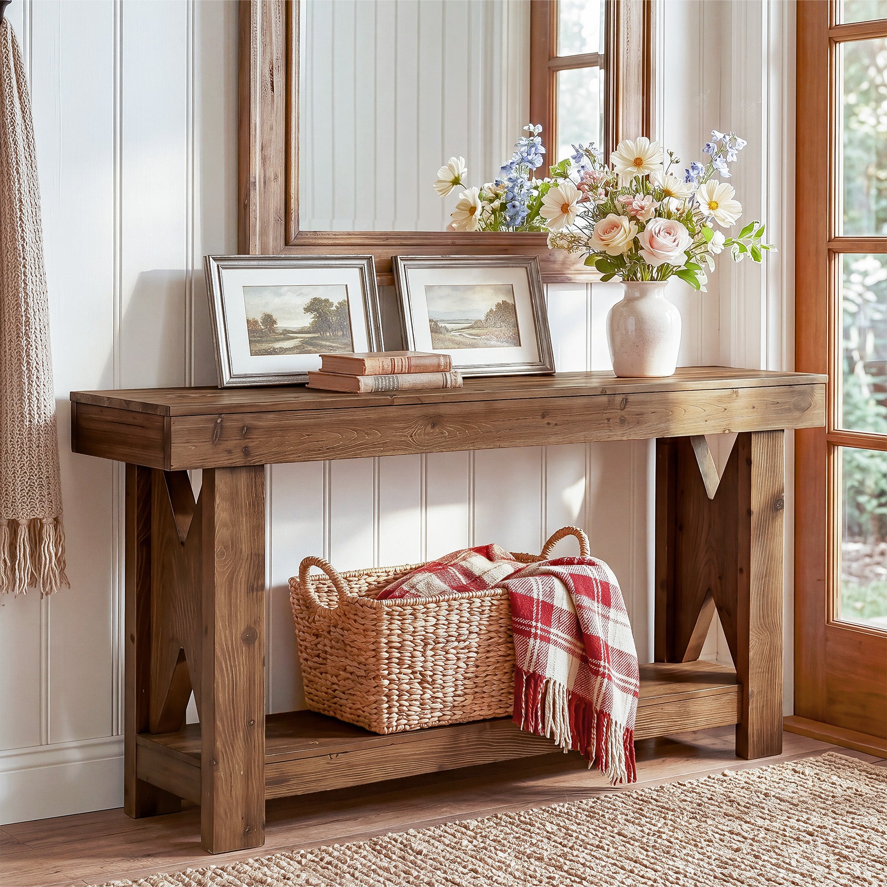 63" Solid Wood Console Table, 2-Tier Entryway Sofa Table with X-Shaped Support Frame