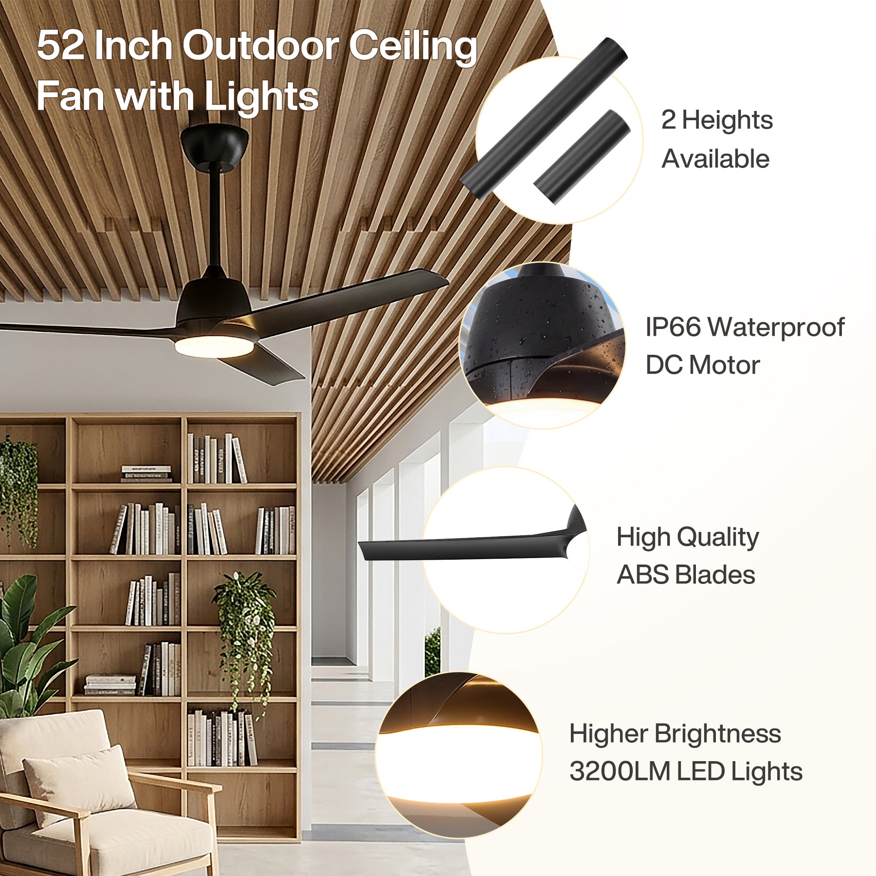 52" Outdoor Ceiling Fans with Lights and Remote, IP66 Waterproof Ceiling Fan With 2 Downrods