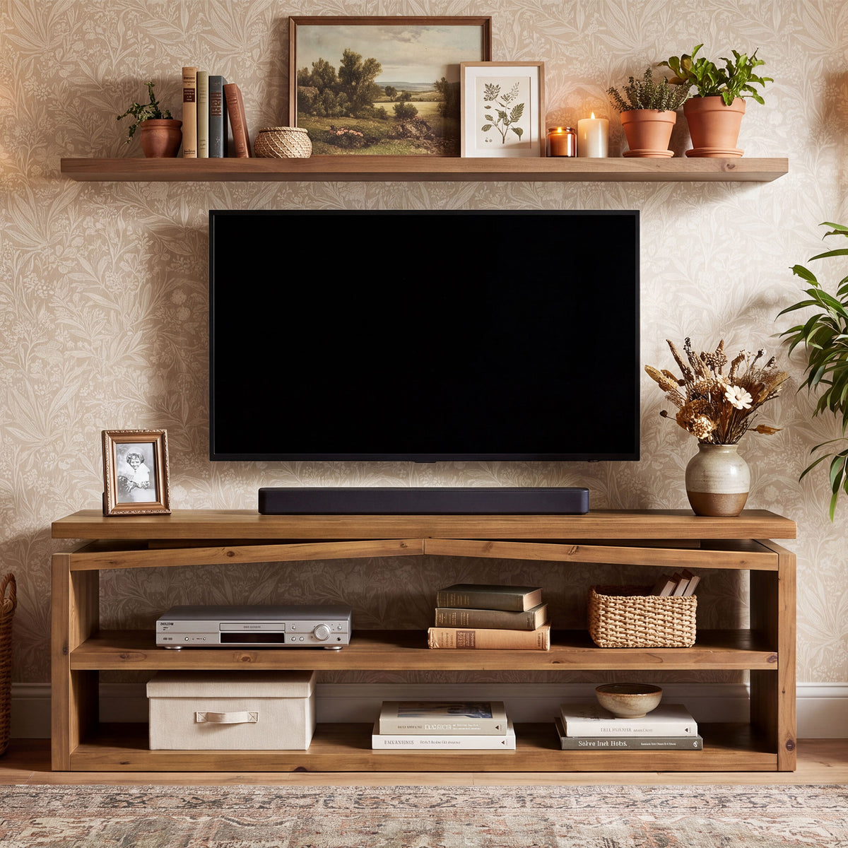 63" Farmhouse Solid Wood TV Stand for TVs Up to 70", 3-Tier Open Storage Media Console