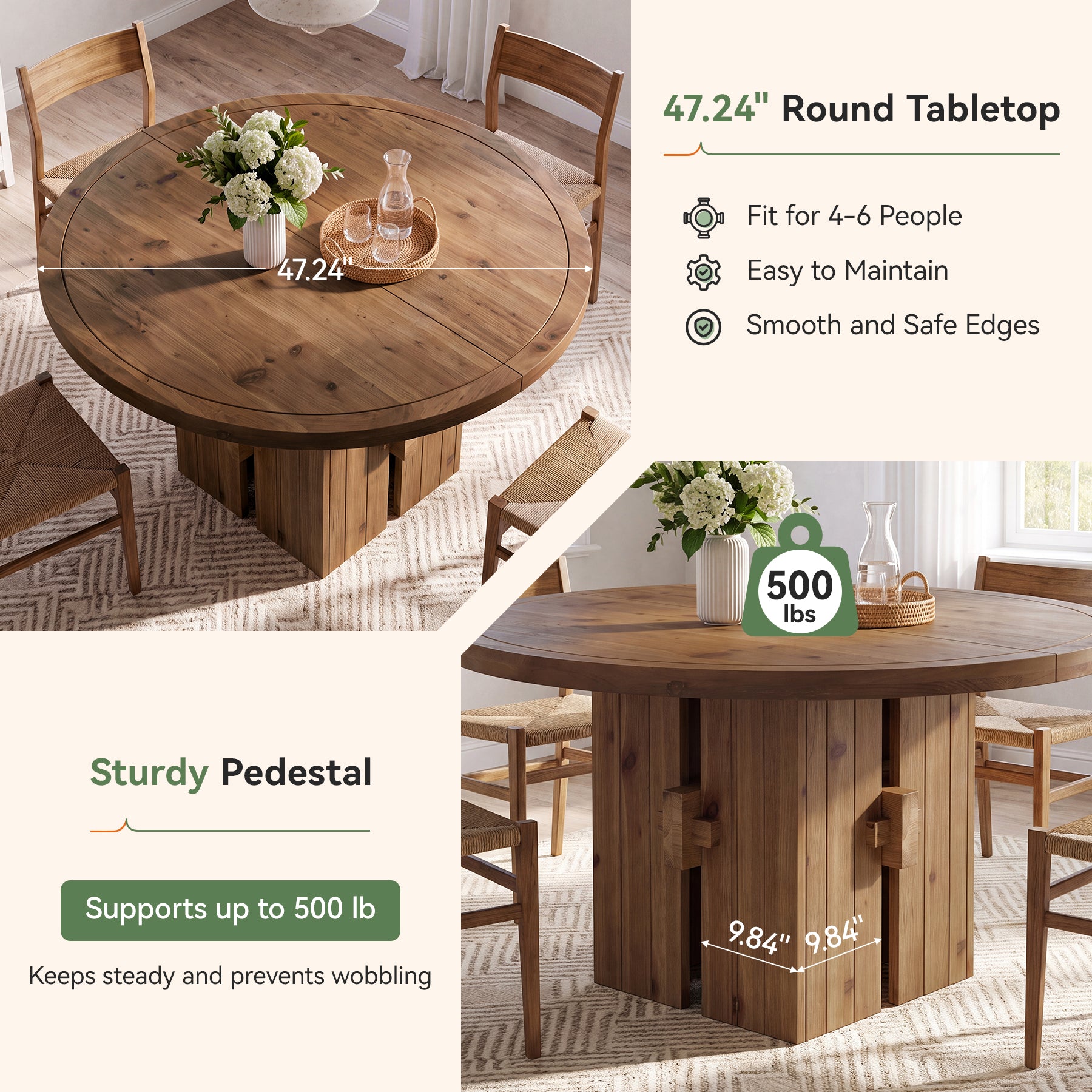 47" Solid Wood Dining Table, Farmhouse Round Kitchen Table for 4-6