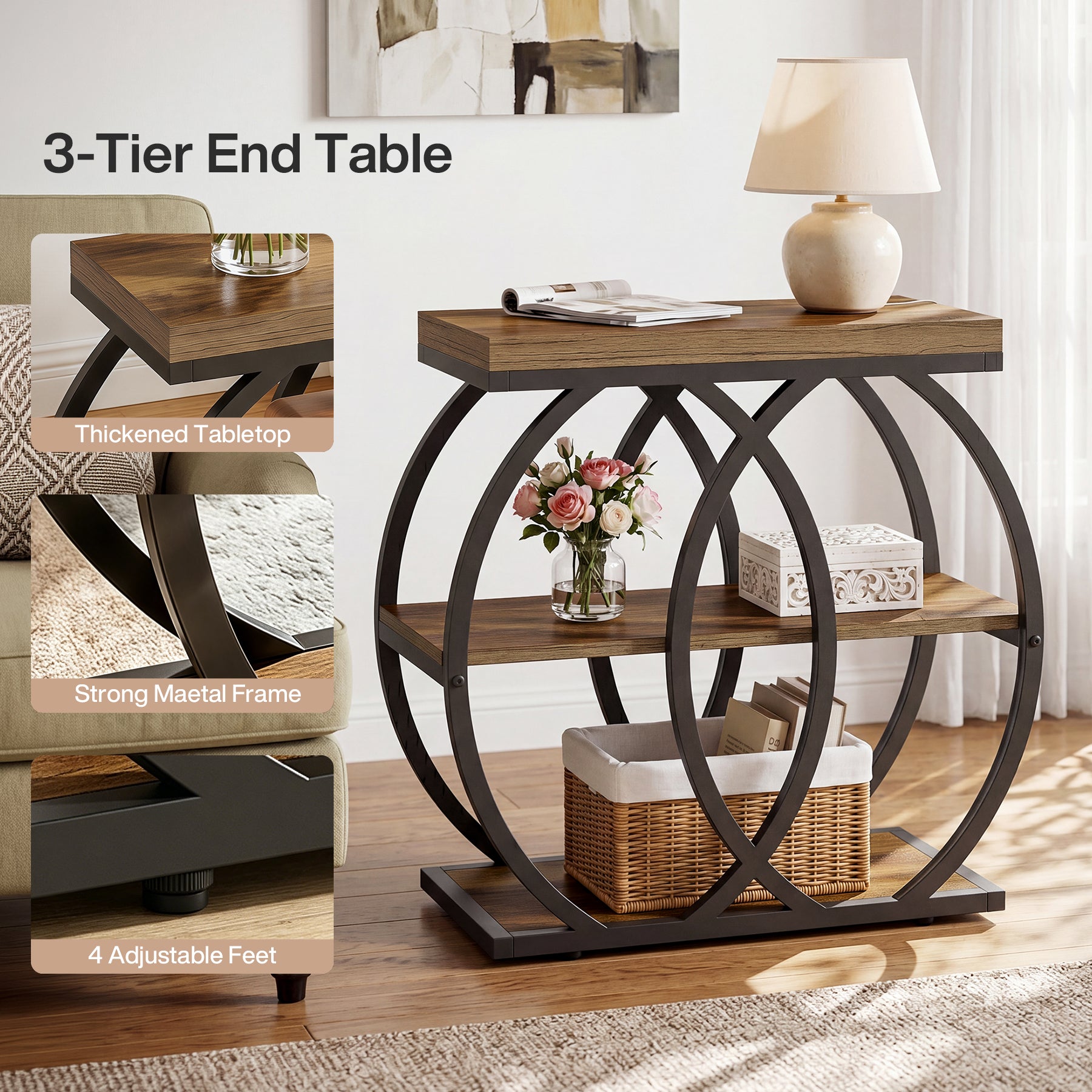 3-Tier Narrow End Table, Industrial Side Table with Metal Frame for Small Spaces
