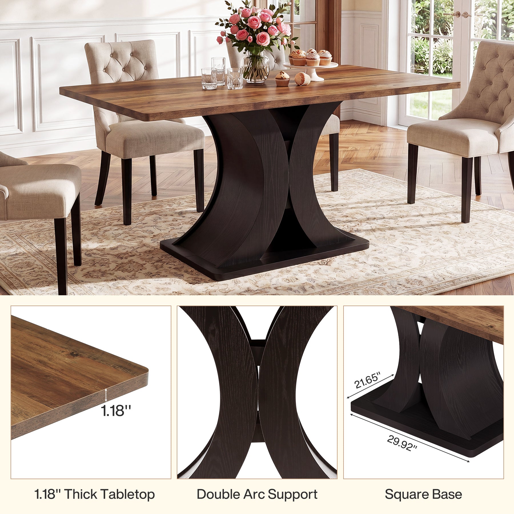 55-Inch Dining Table for 4-6, Farmhouse Wooden Table with Pedestal Base for Kitchen Dining Room