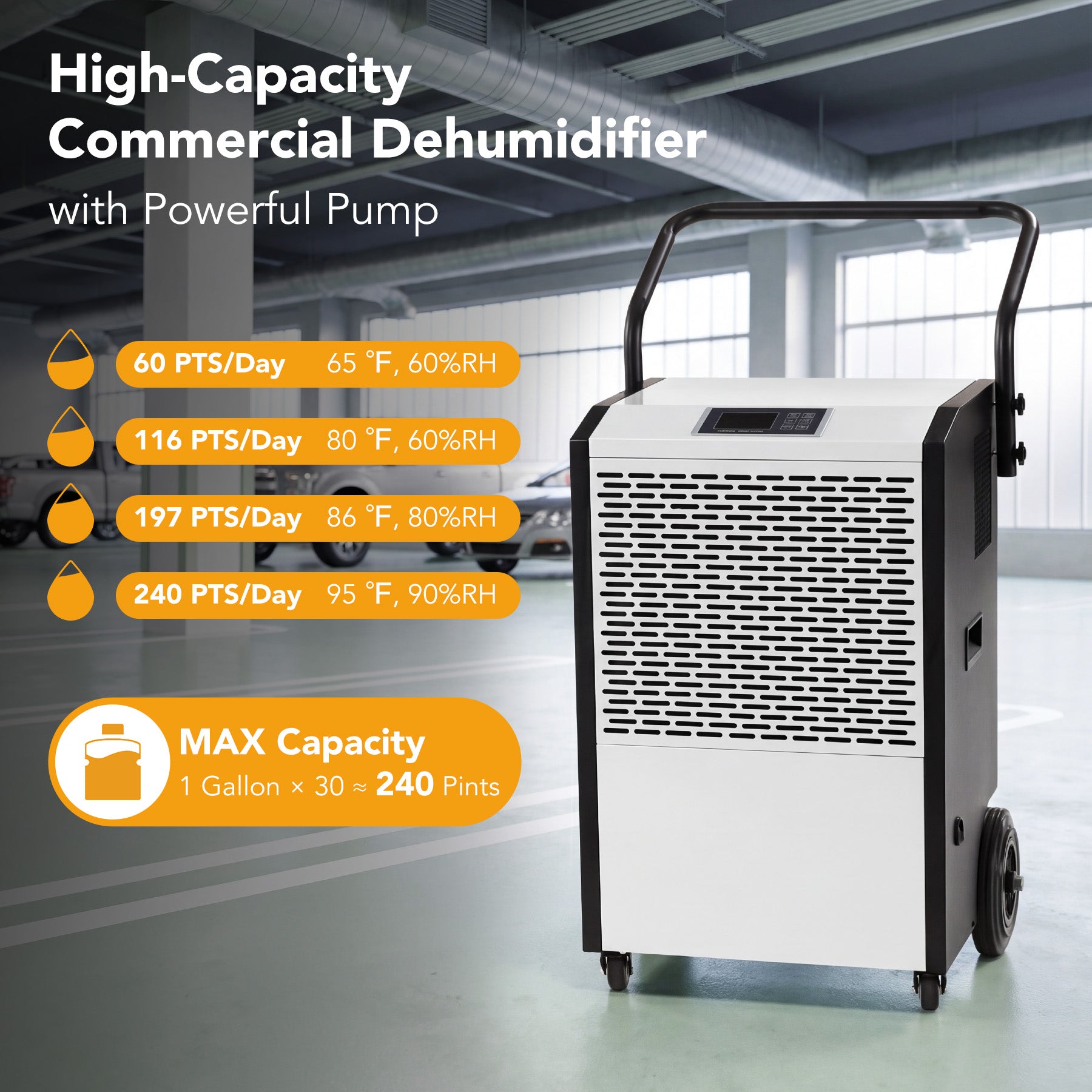 240 Pints Commercial Dehumidifier with Pump & Drain Hose for Up to 8000 Sq. Ft Large Spaces, Auto Defrost