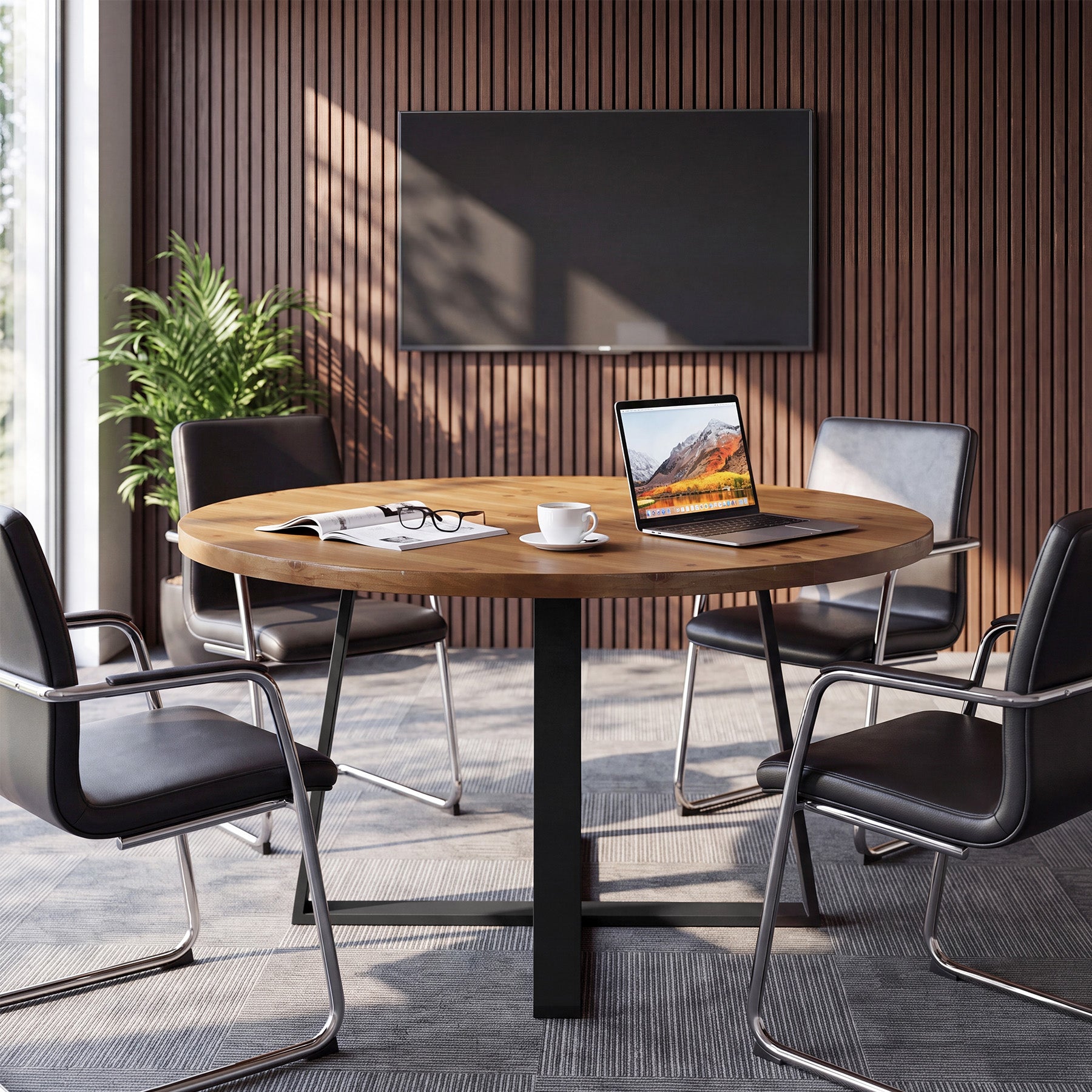 47" Round Conference Table, Solid Wood Meeting Table for Conference Room