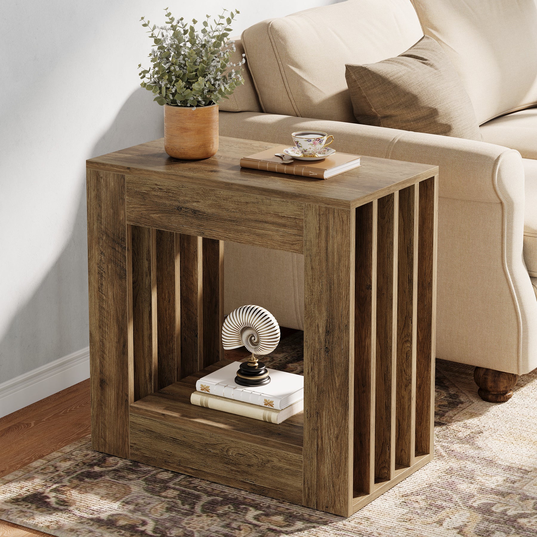 23.62" Farmhouse Narrow End Table, Rustic Square Nightstand with Storage Shelf