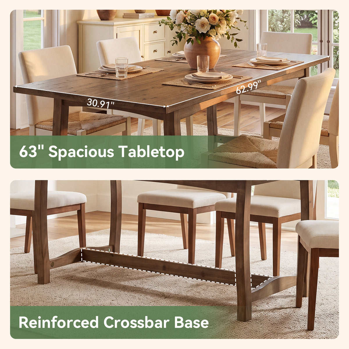 63" Solid Wood Dining Table for 4-6, Rectangle Kitchen Table with Reinforced Trestle Base
