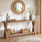 63" Solid Wood Console Table, 2-Tier Entryway Sofa Table with X-Brace Leg for Hallway 3