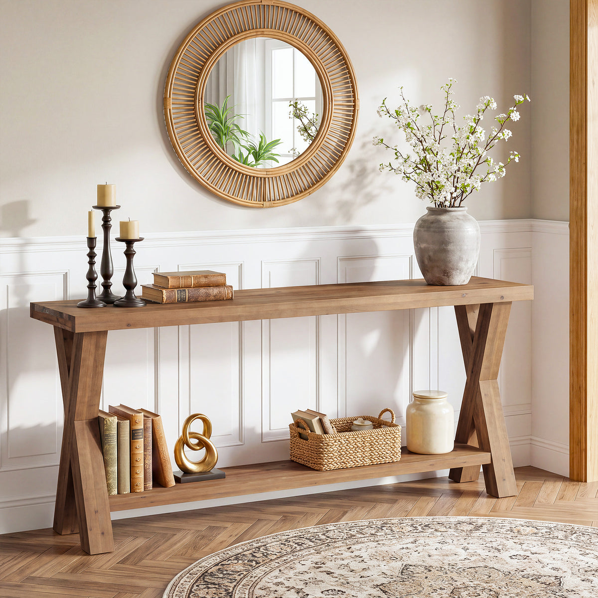 63" Solid Wood Console Table, 2-Tier Entryway Sofa Table with X-Brace Leg for Hallway