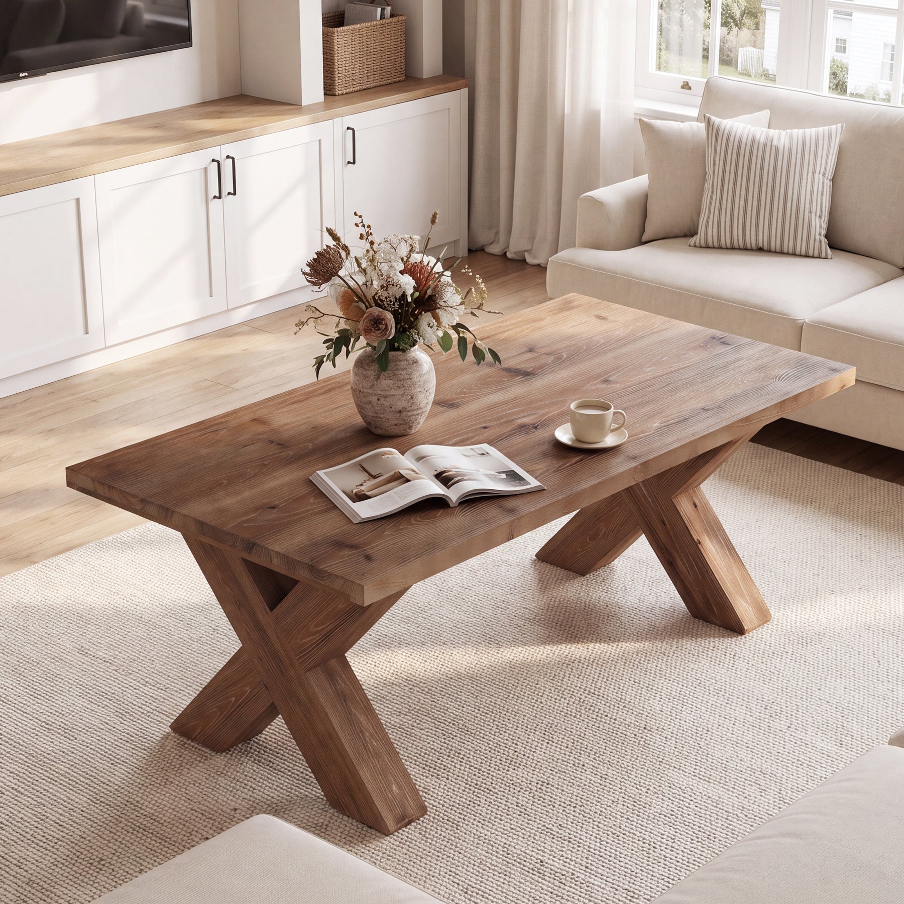 47" Solid Wood Coffee Table, Rectangular Cocktail Tea Table with X-shaped Legs for Living Room