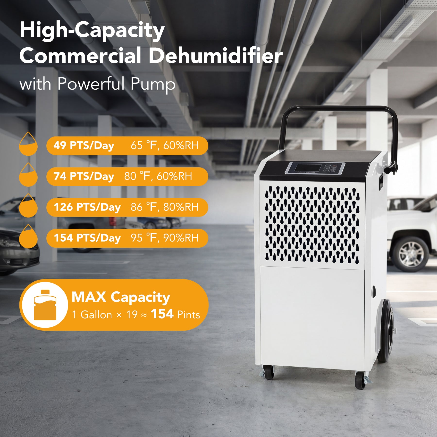 154 Pints Commercial Dehumidifier with Pump & Drain Hose for Up to 7000 Sq. Ft Large Spaces, Auto Defrost