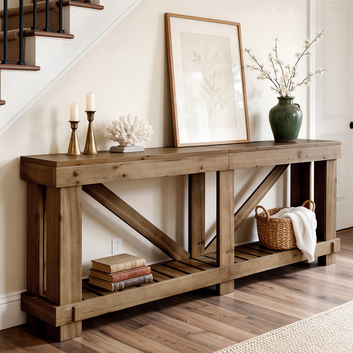 79" Solid Wood Console Table, Narrow Sofa Table with Open Slatted Shelf for Entryway