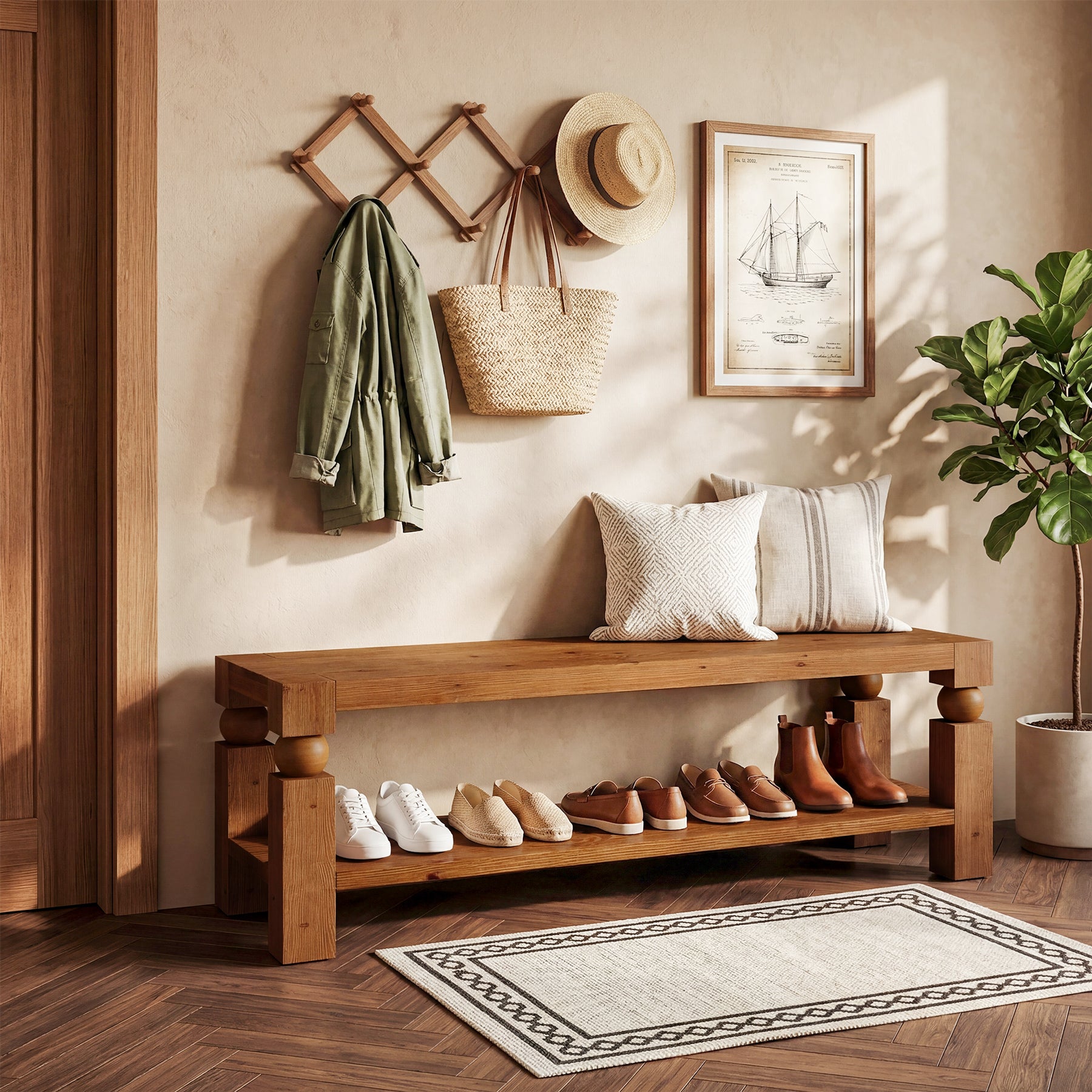 Solid Wood Entryway Bench, 47" Shoe Storage  Bench with Shelf for Hallway