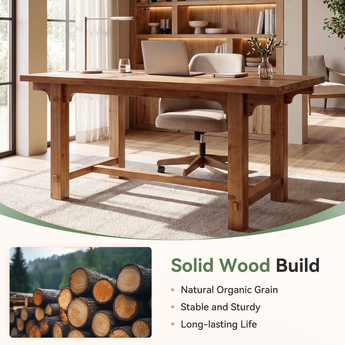 63" Solid Wood Executive Desk, Farmhouse Computer Desk with Thick Trestle Legs for Home Office