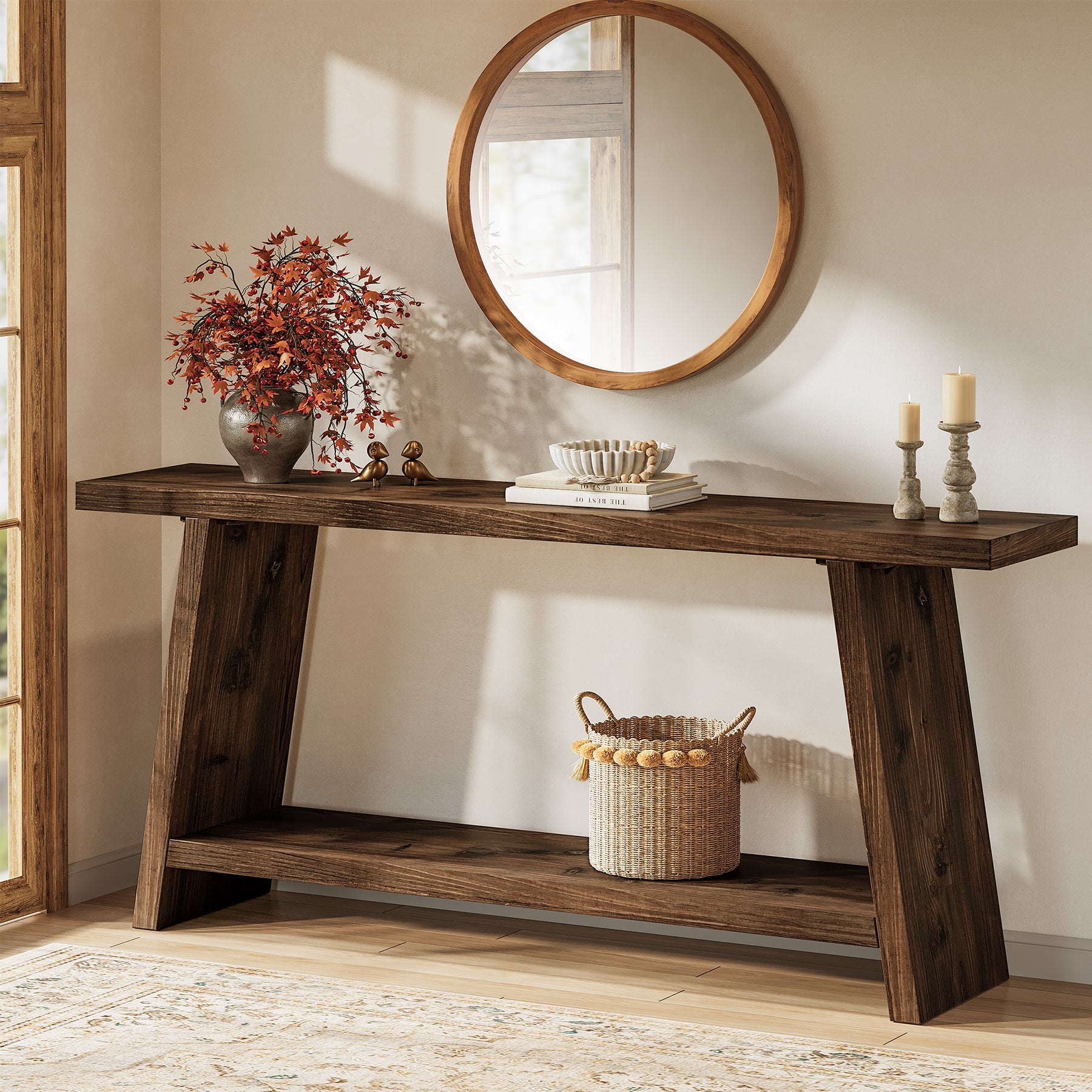 Solid Wood Console Table, 70.9" Sofa Table Behind Couch with 2-Tier Storage