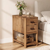 Farmhouse Narrow Nightstand with 2 Drawers, Solid Wood Skinny Bedside Table, Bedroom 3
