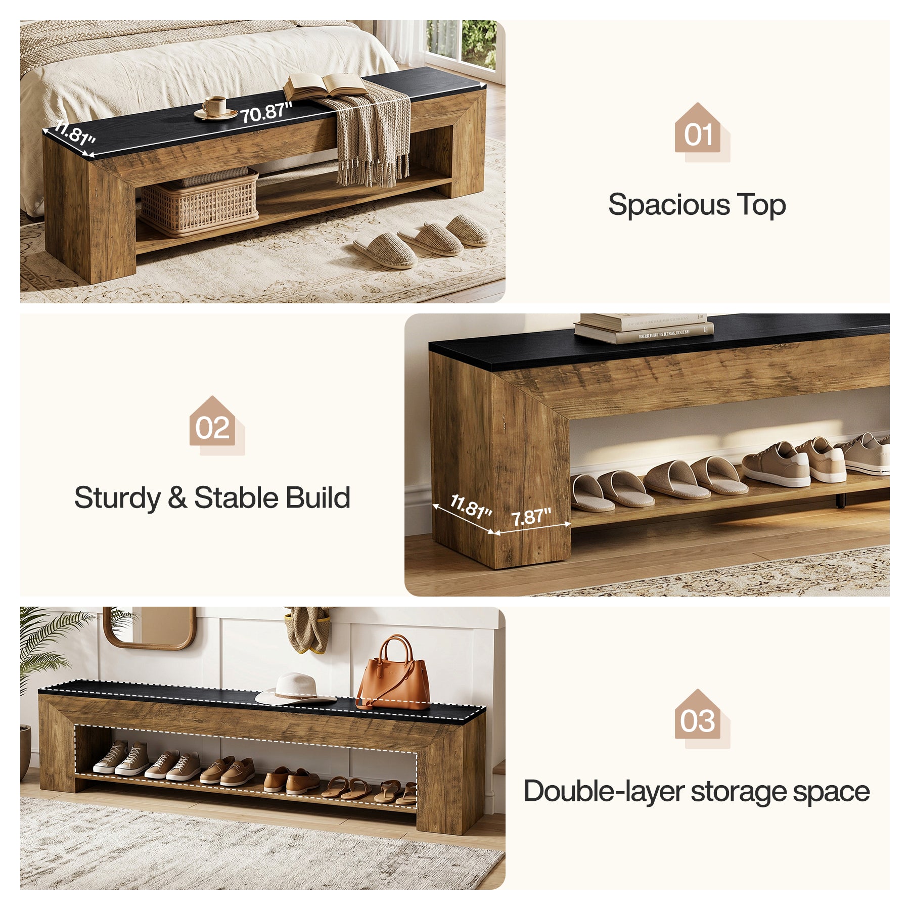 71" Entryway Bench with Shoe Storage, Farmhouse Shoe Bench with 2 Shelves