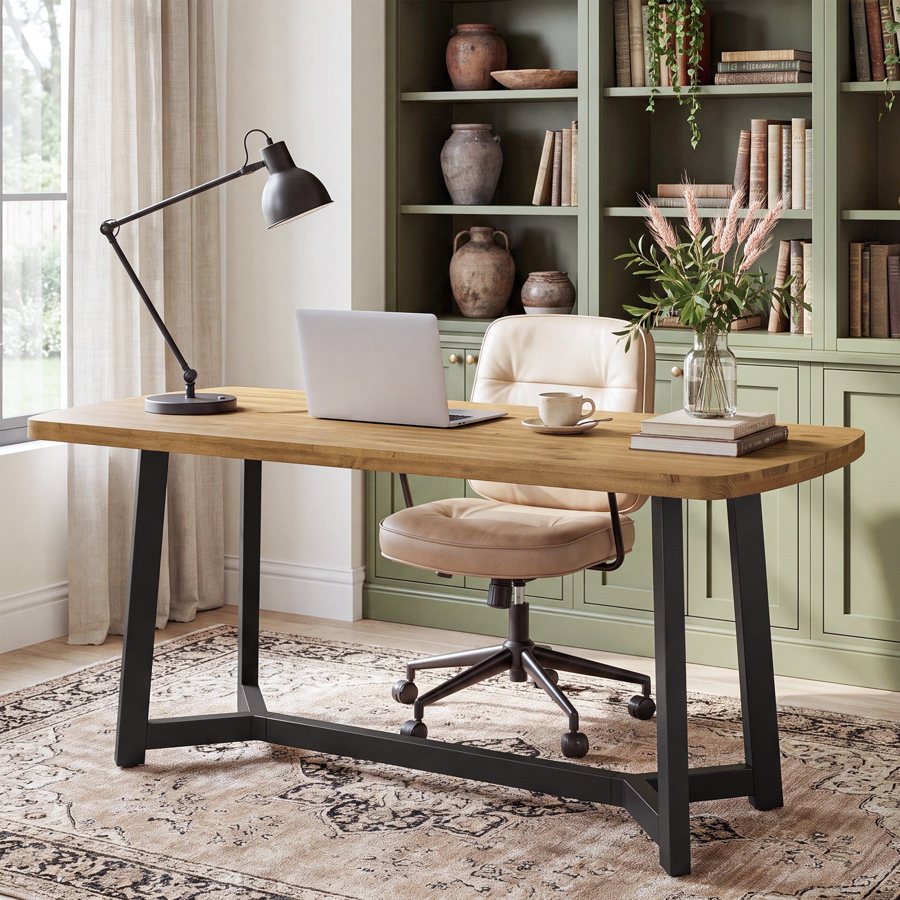 63" Modern Executive Desk, Solid Pine Wood Computer Desk for Home Office