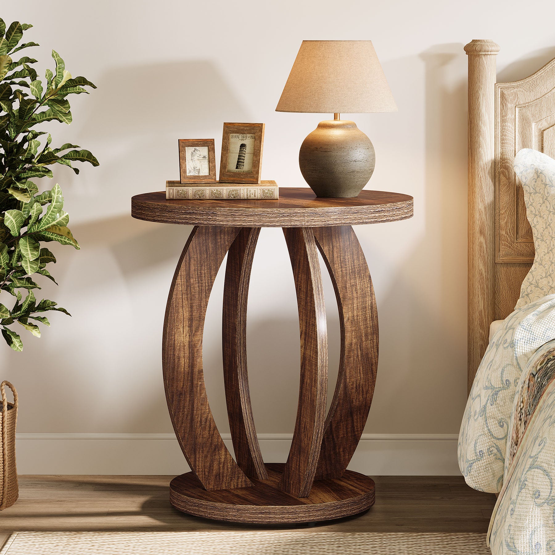 Round Nightstand with Storage, Large Bedside Table for Bedroom