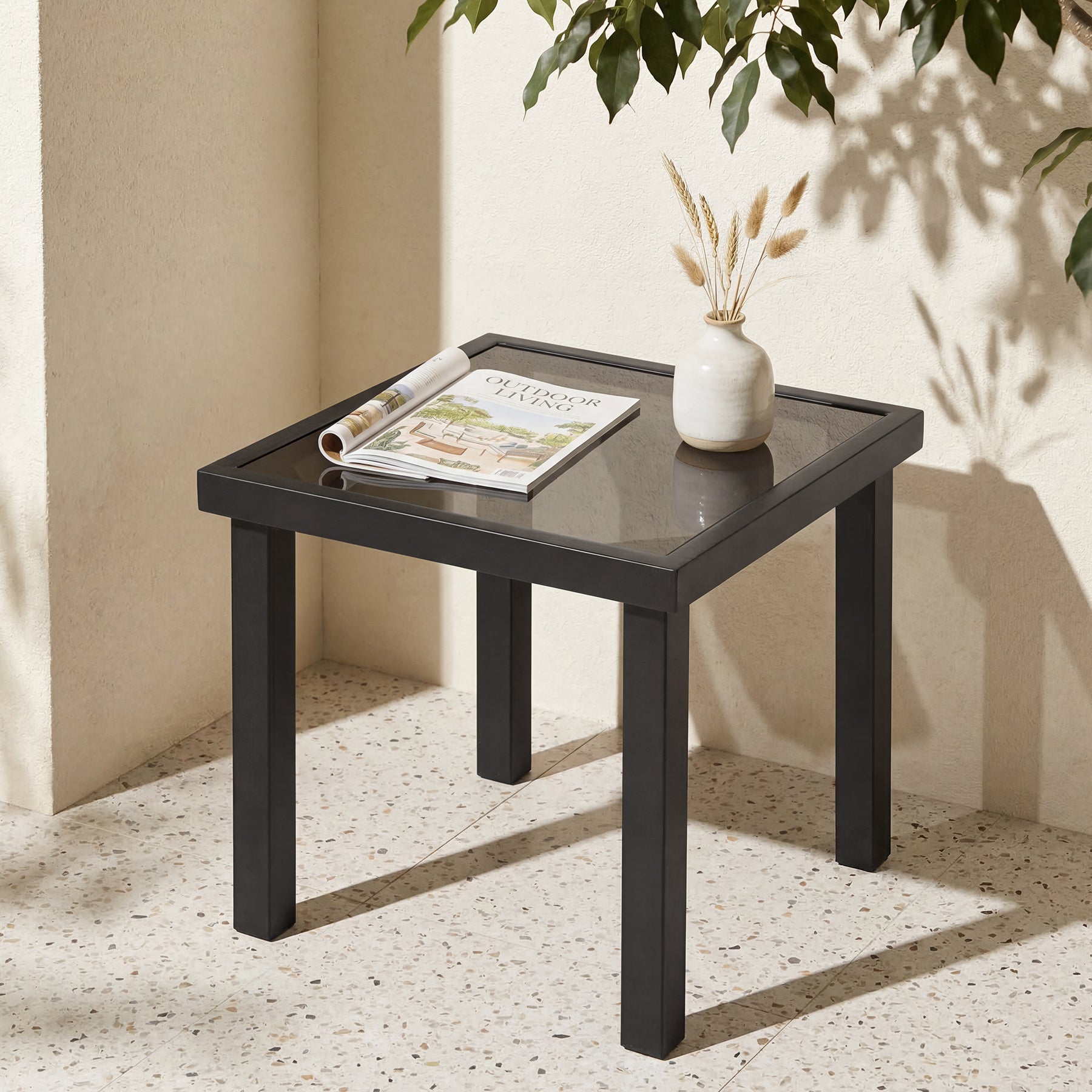 Outdoor Square End Table, Patio Side Table with Water-Resistant Glass Top