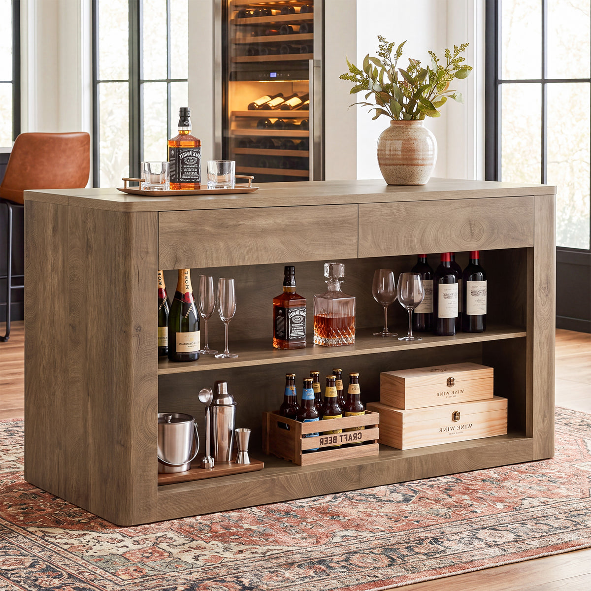 55" Bar Table with 2 Drawers, Farmhouse Pub Table with 3-Tier Open Shelves