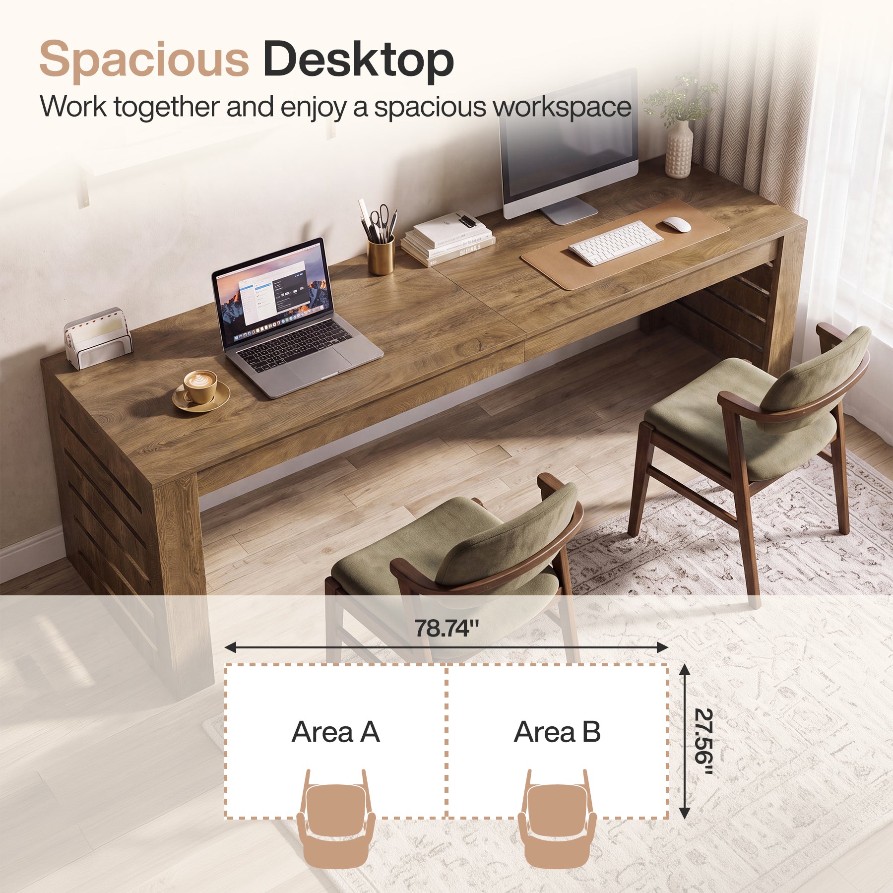 79" Executive Desk with Double Pedestal Base, Farmhouse Home Office Computer Desk