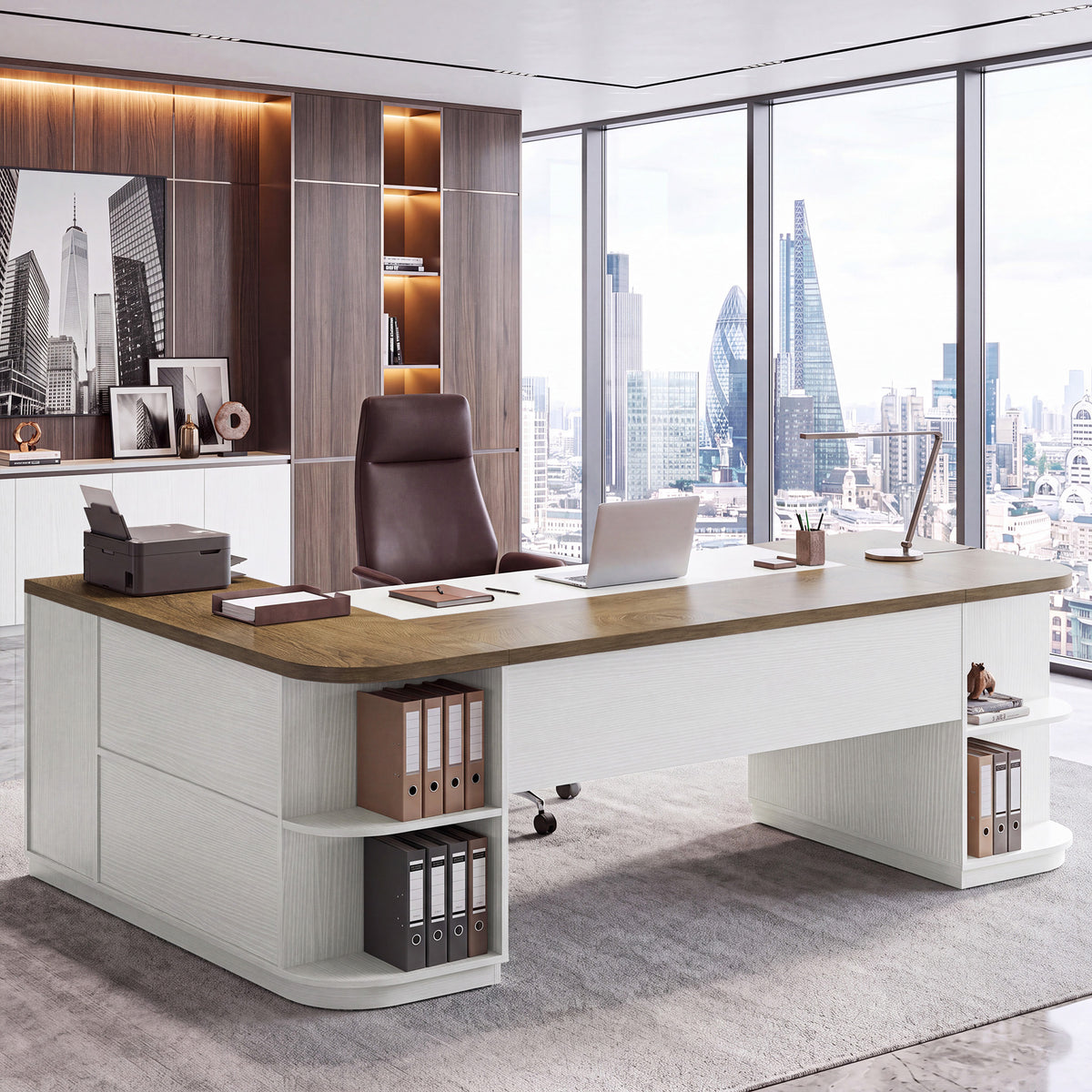 86.6" L-Shaped Executive Desk, Large Computer Desk with Drawers & 55" File Cabinet