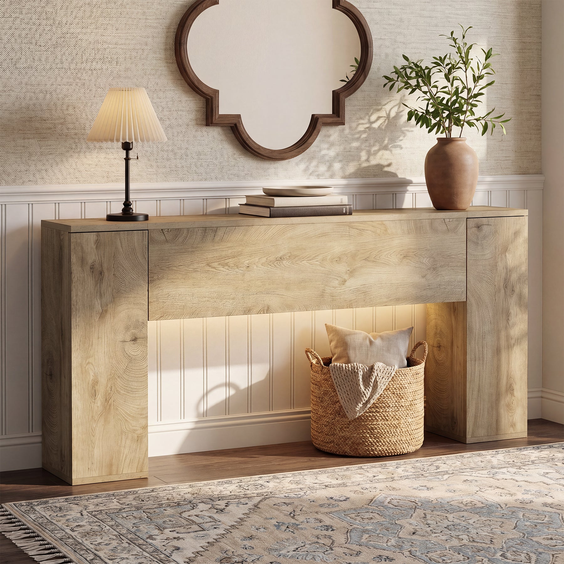 78.7” Extra Long Console Table, Farmhouse Entryway Table with 2 Hidden Storage Cabinets