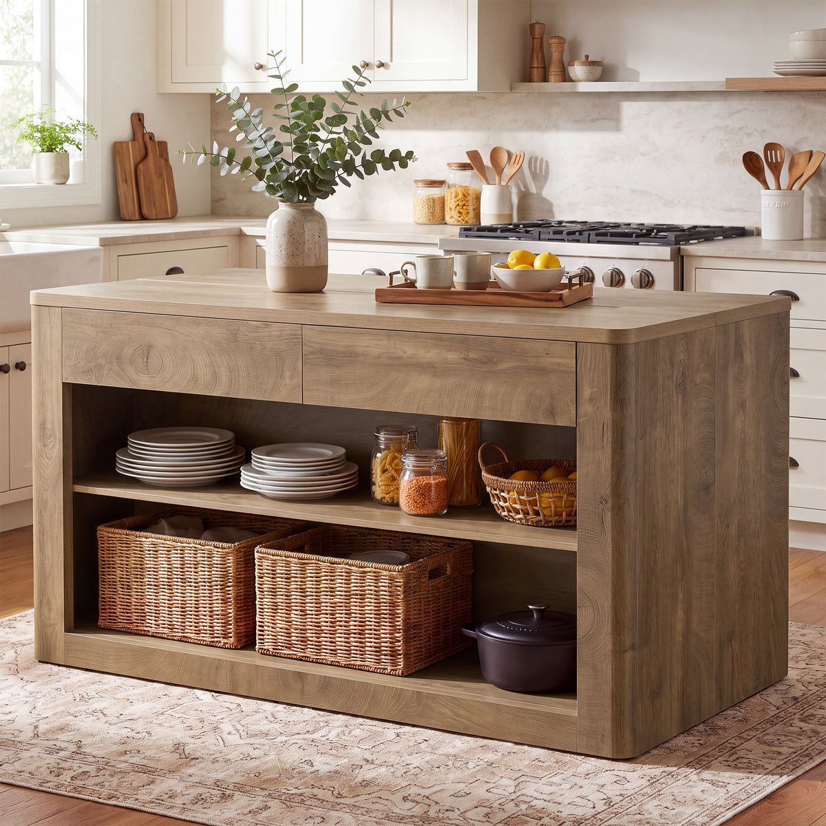 55" Kitchen Island with 2 Drawers & 3 Shelves, Farmhouse Stationary Island Table