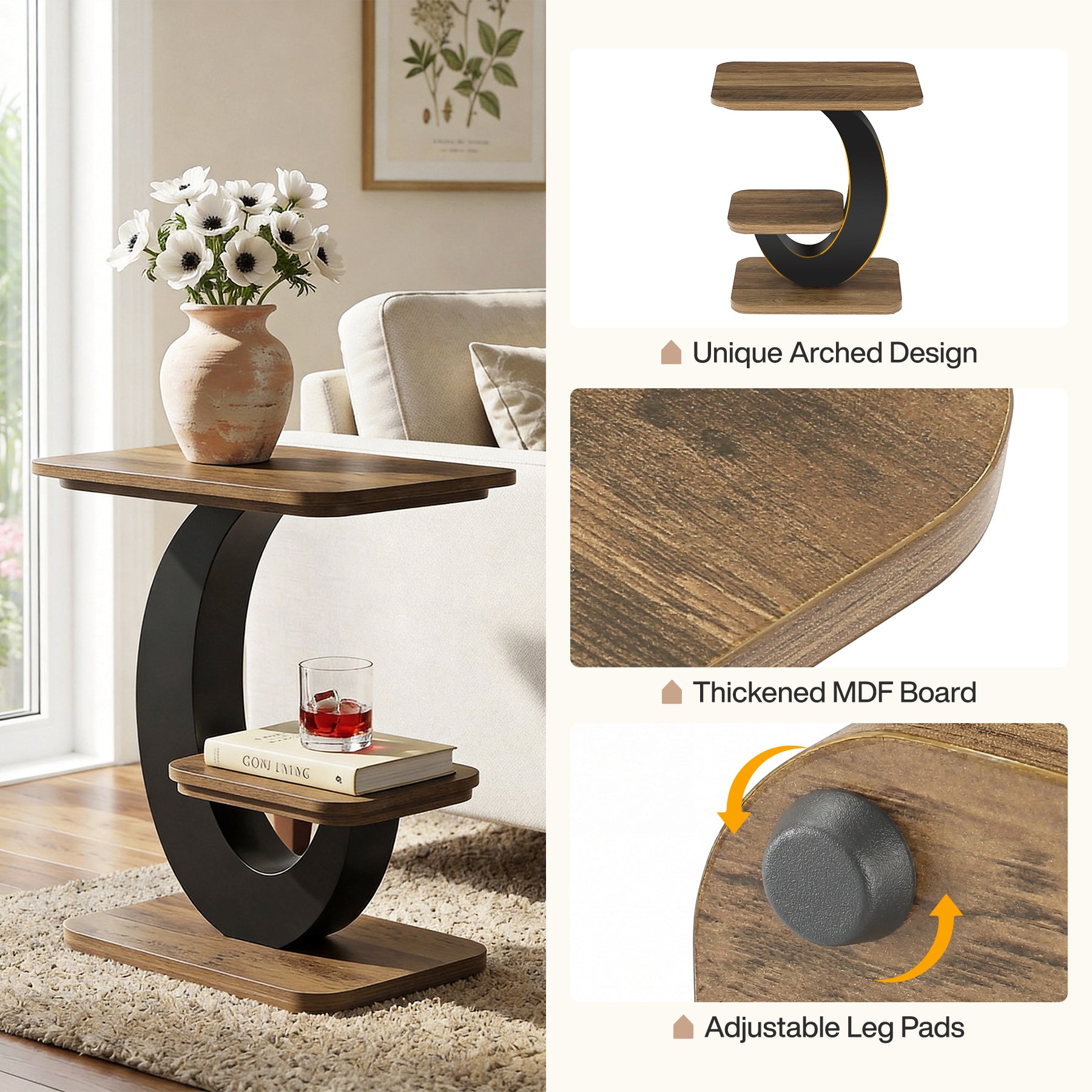 2-Tier End Table, Narrow Side Table with Metal Arc-Shaped Frame