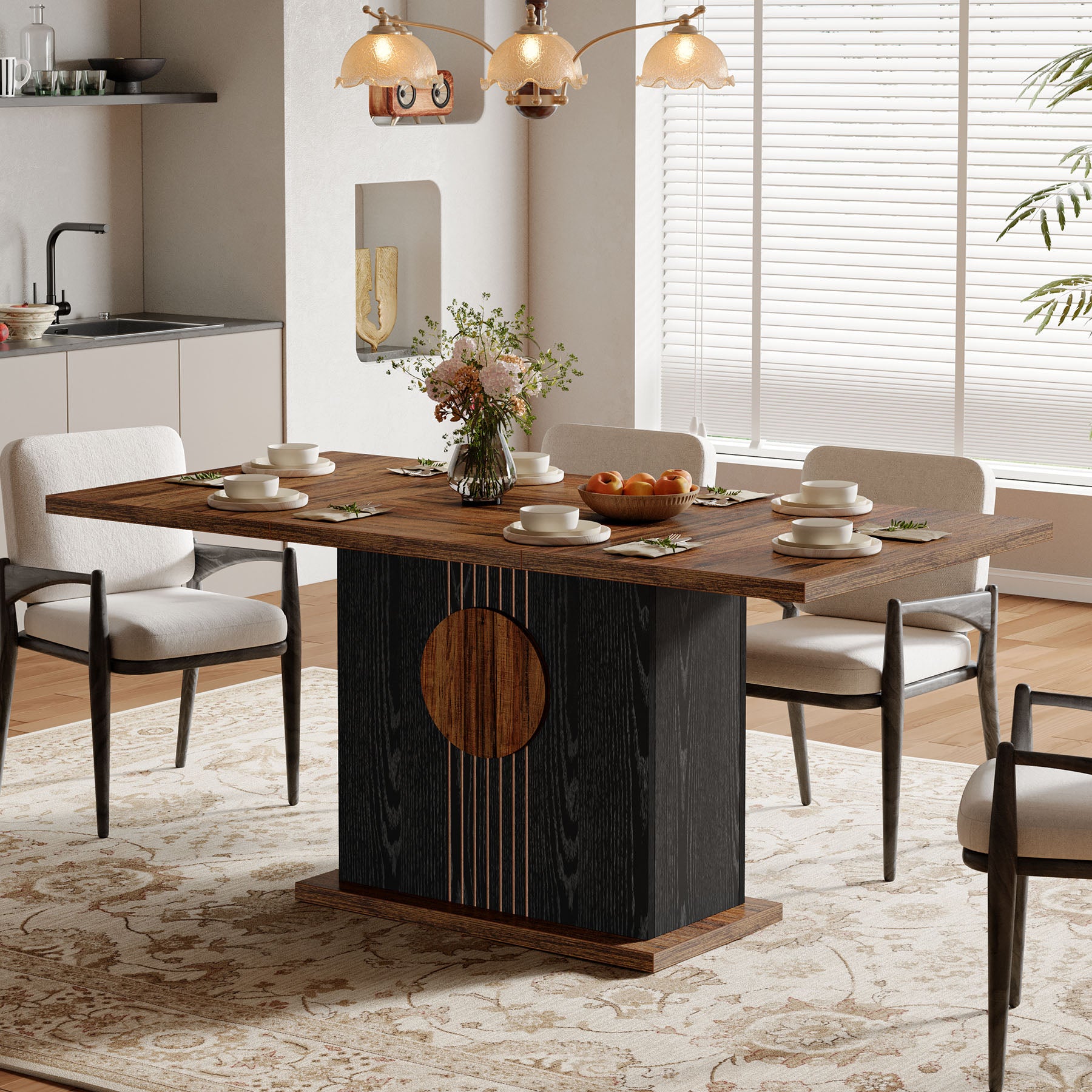 55" Rectangular Dining Table for 4–6 People, Farmhouse Wood Kitchen Table