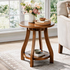 Solid Wood Round End Table, 2-Tier Small Side Table with Curved Legs for Living Room
