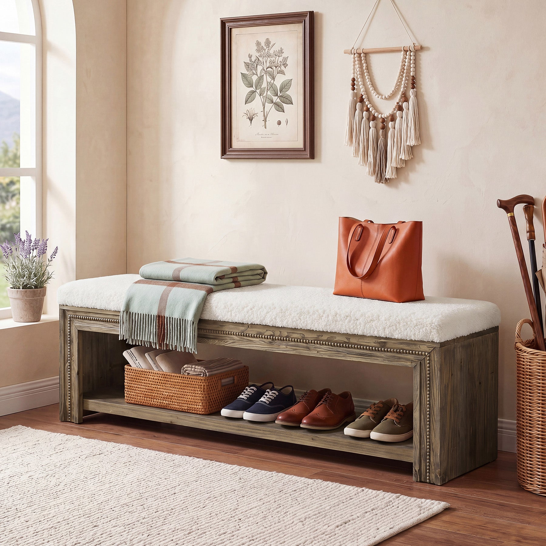 55" Solid Wood Entryway Bench, Upholstered Shoe Bench with Storage Shelf for Hallway