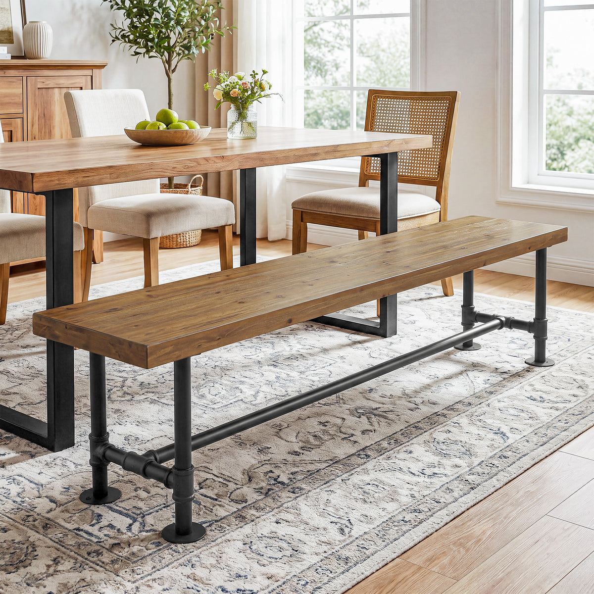 71" Solid Wood Dining Bench, Industrial Wood Bench with Metal Pipe Legs for Kitchen