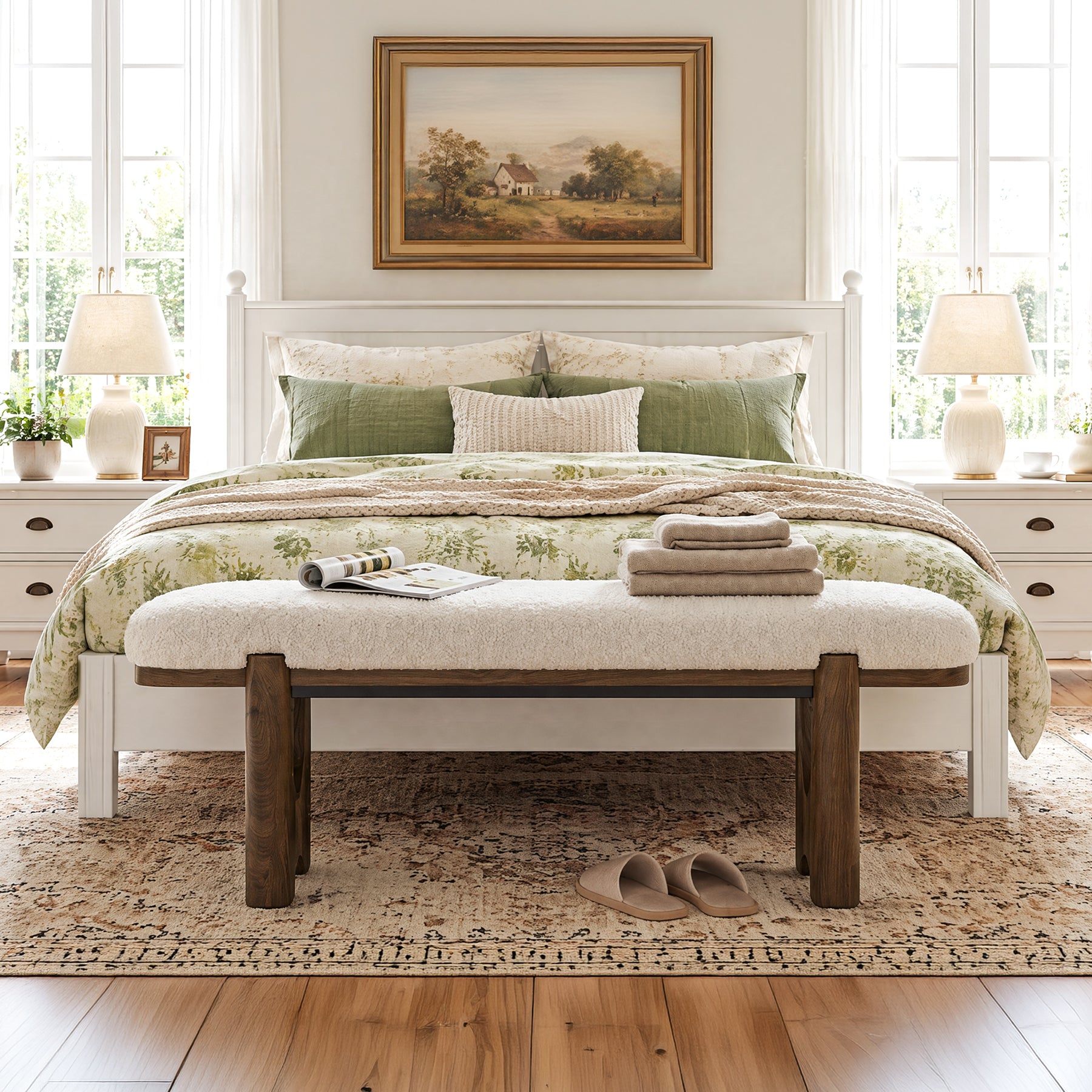 63" Upholstered Entryway Bench with Faux Shearling Cushion, Modern Farmhouse Shoe Bench