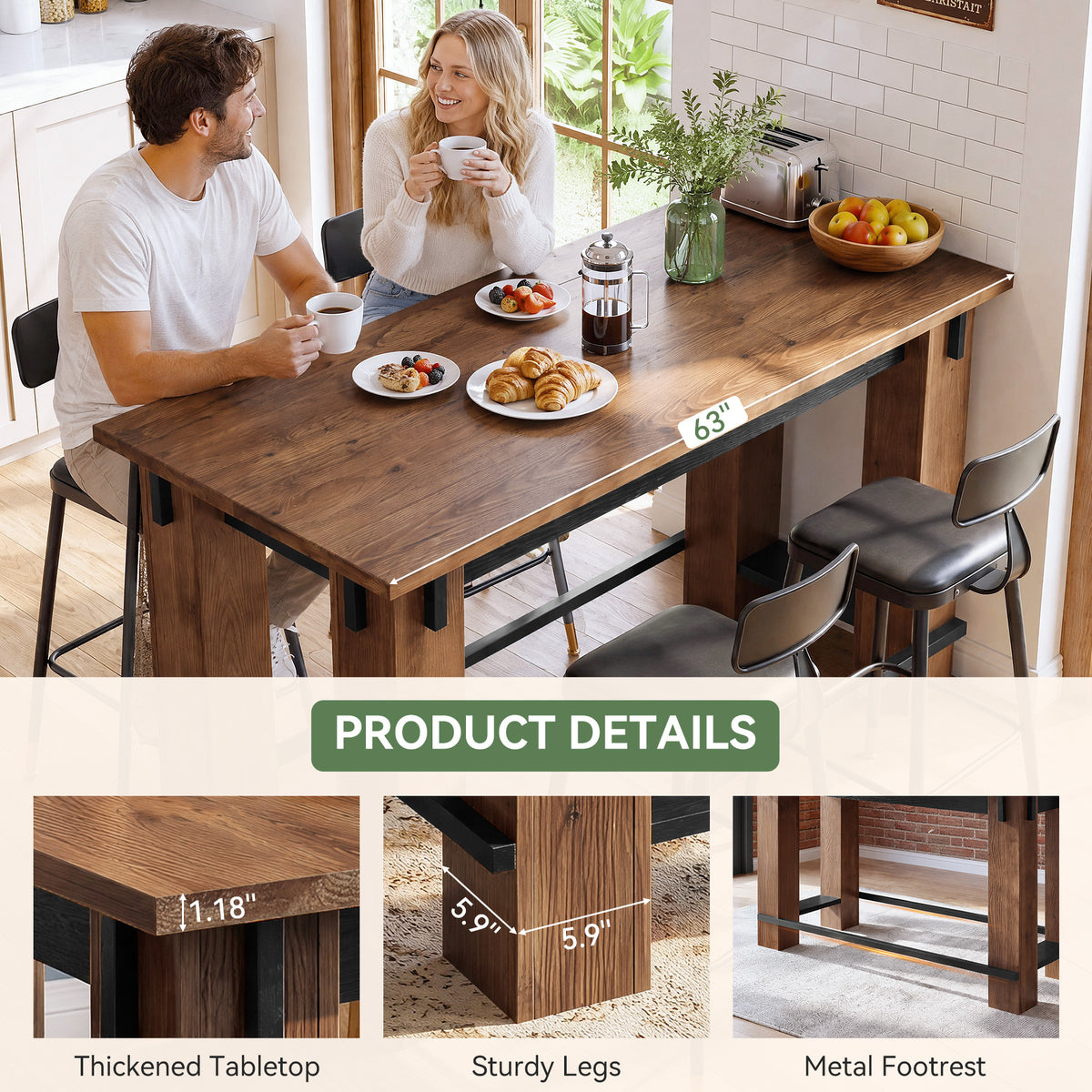 63" Farmhouse Industrial Kitchen Island with Footrest, Counter Height Solid Wood