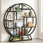 Round Bookshelf, 63 Inch Etagere Bookcase with Staggered Shelves
