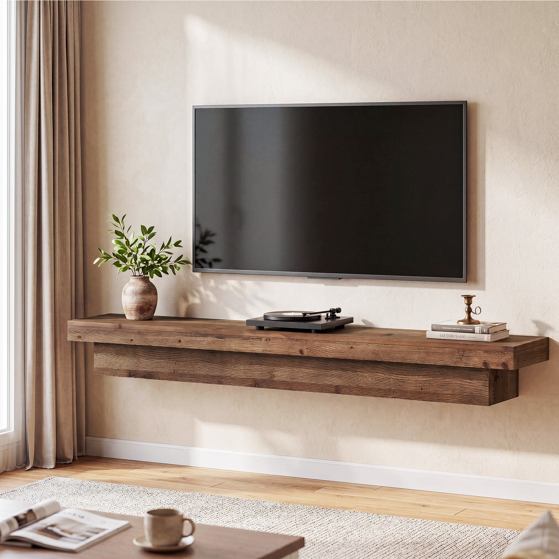 70.9" Solid Wood TV Stand, Floating Wall Mounted TV Shelf for TVs up to 75 Inches