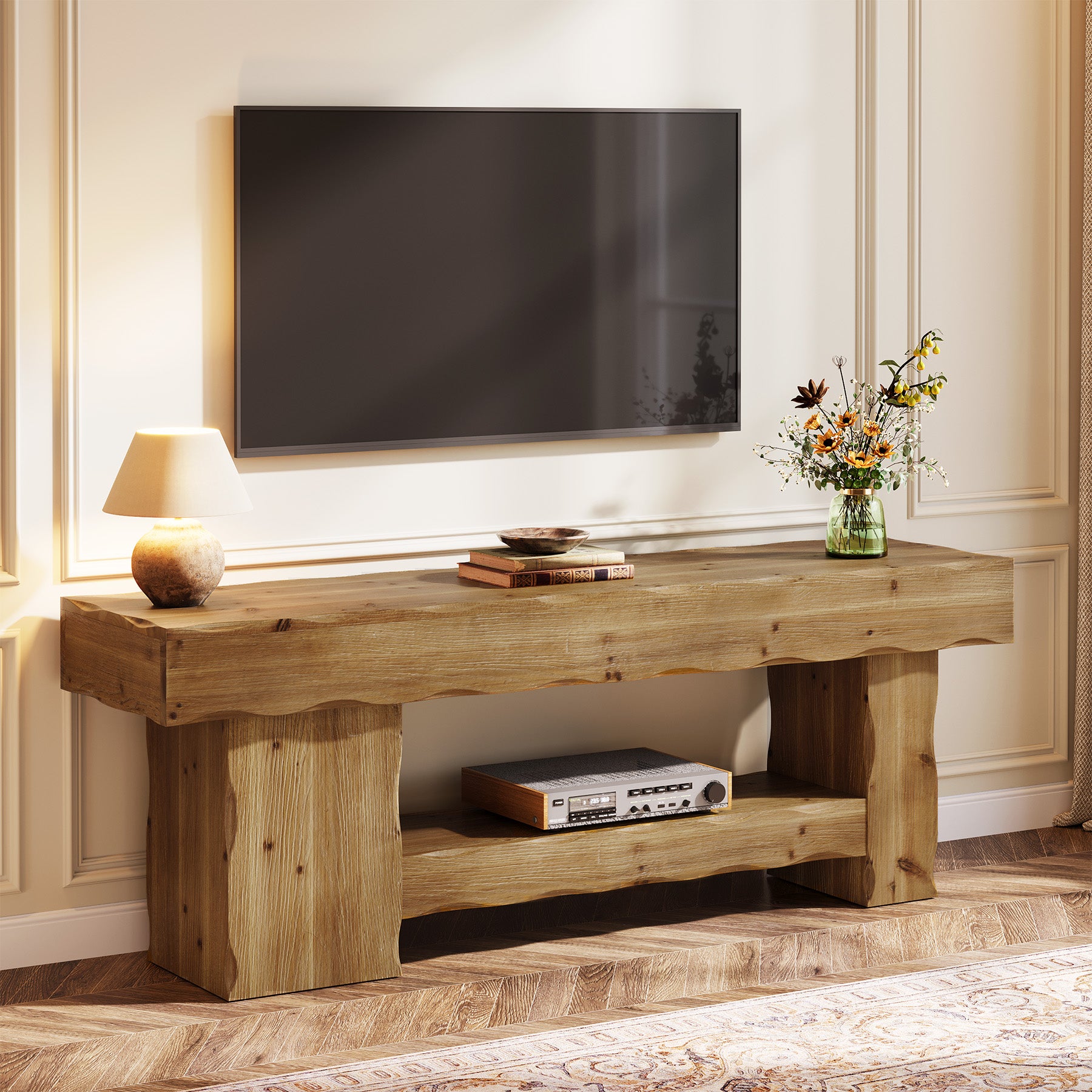 Solid Wood TV Stand for up to 75" TVs, 63" Media Console Entertainment with Shelves