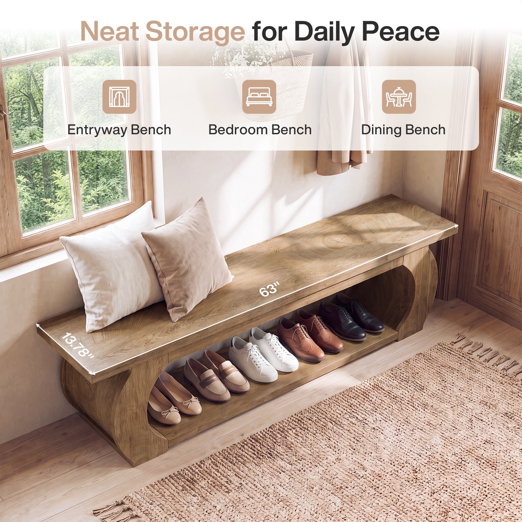 63" Farmhouse Entryway Bench with Storage Shelf, Wooden Shoe Bench
