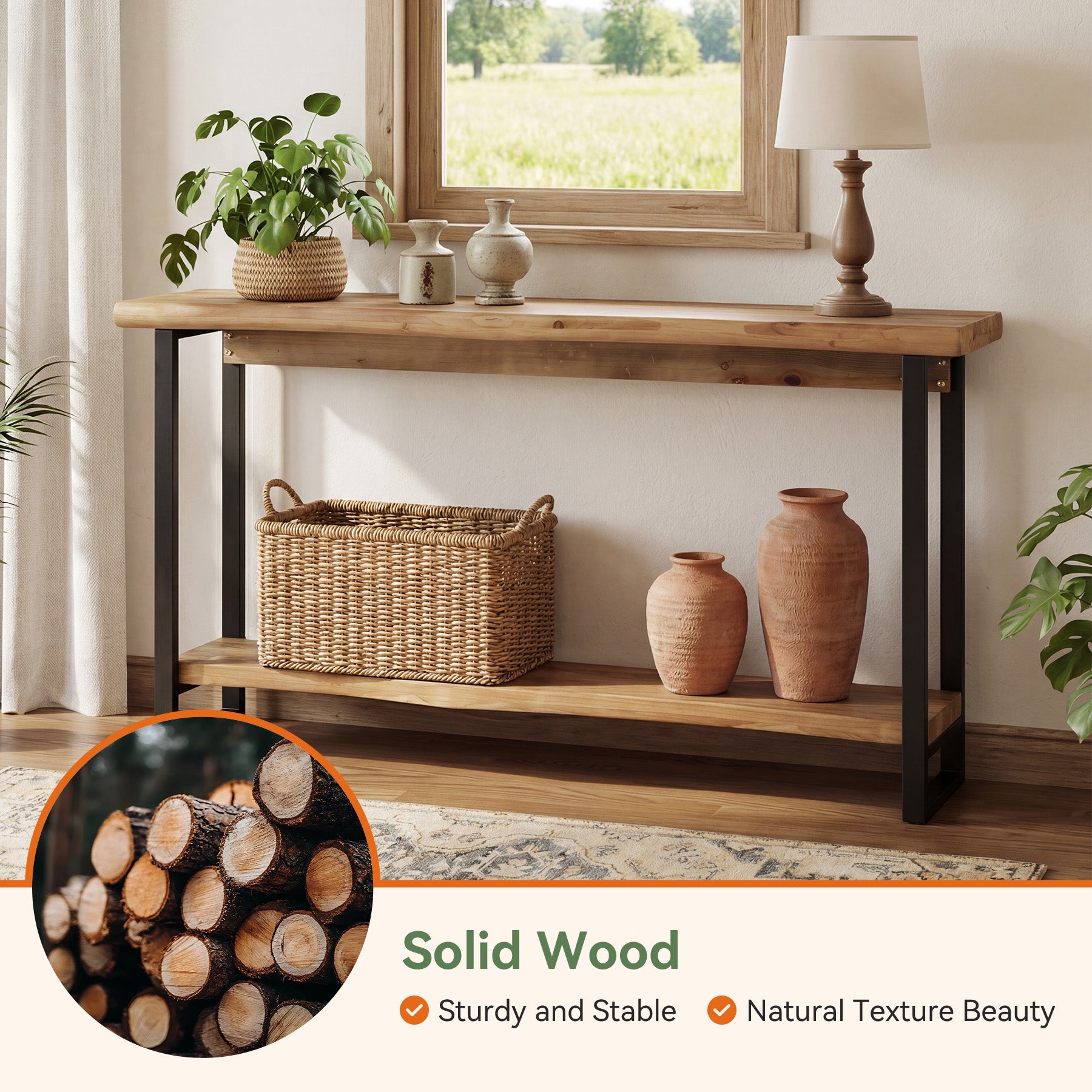 63" Solid Wood Live-Edge Console Table with Metal Legs – Narrow Farmhouse Sofa Table