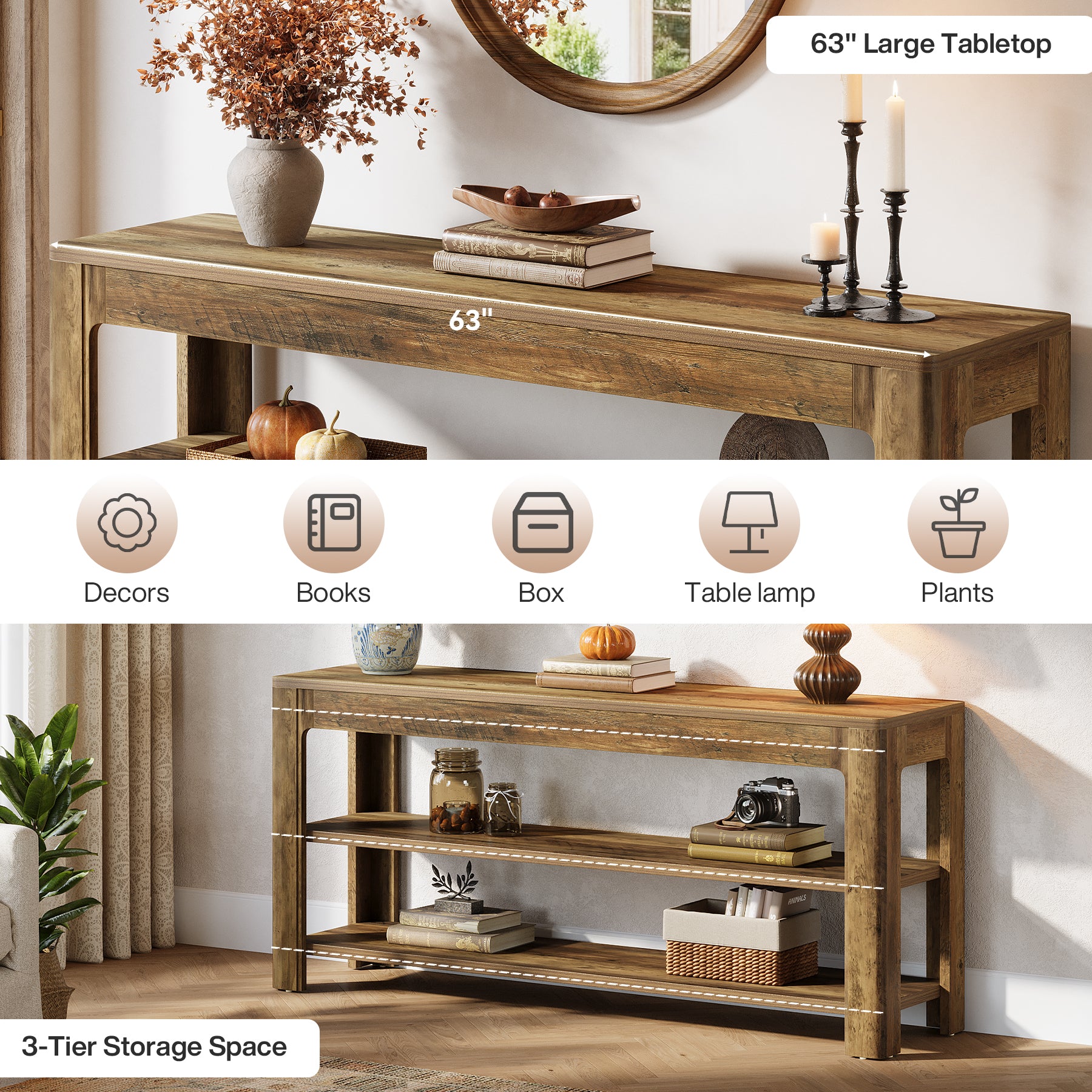 63" Farmhouse Console Table with 3-Tier Shelves, Narrow Wooden Sofa Table with Storage for Entryway, Hallway, or Living Room