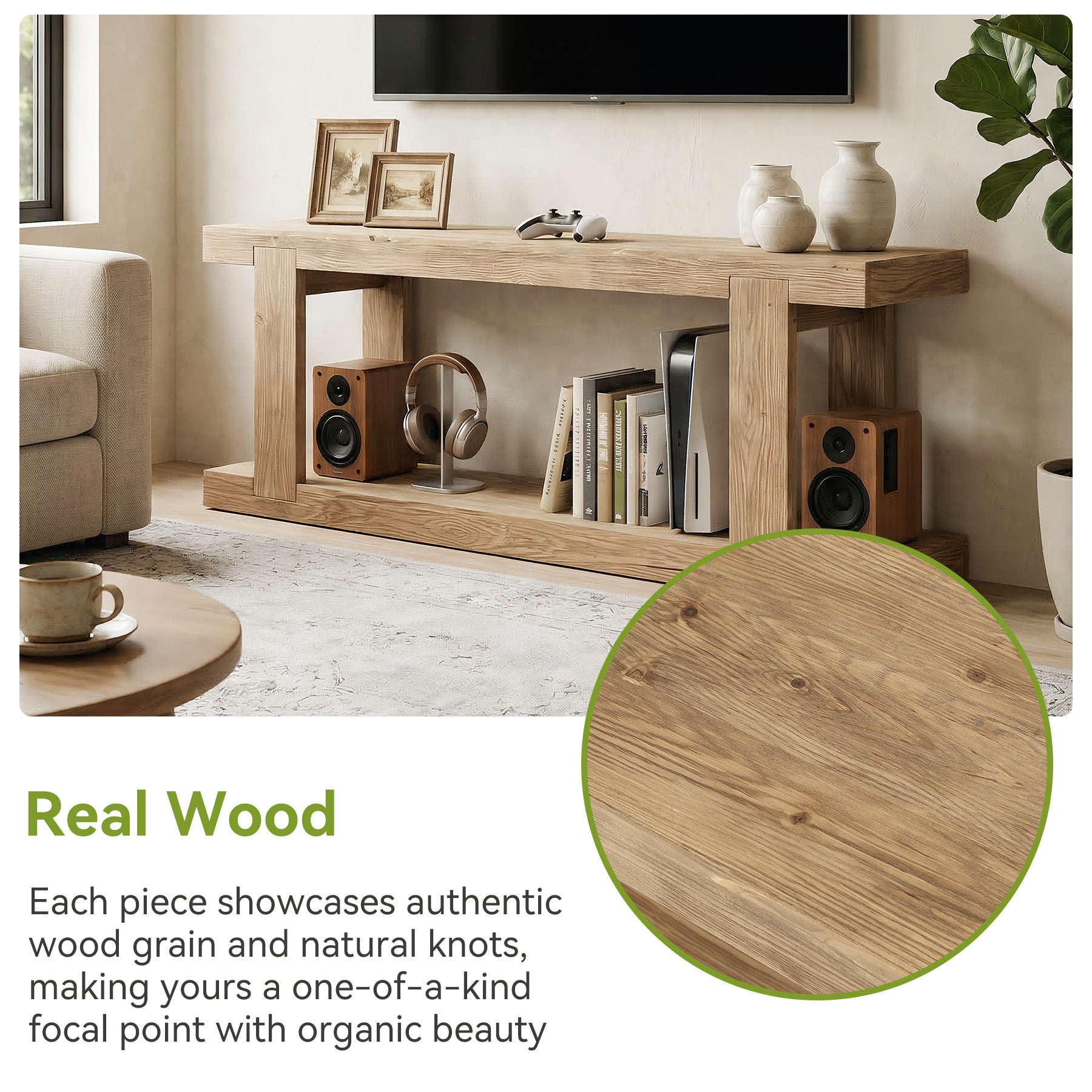 Solid Wood TV Stand for up to 65" TVs, Rustic Media Console Table with Open Storage Space