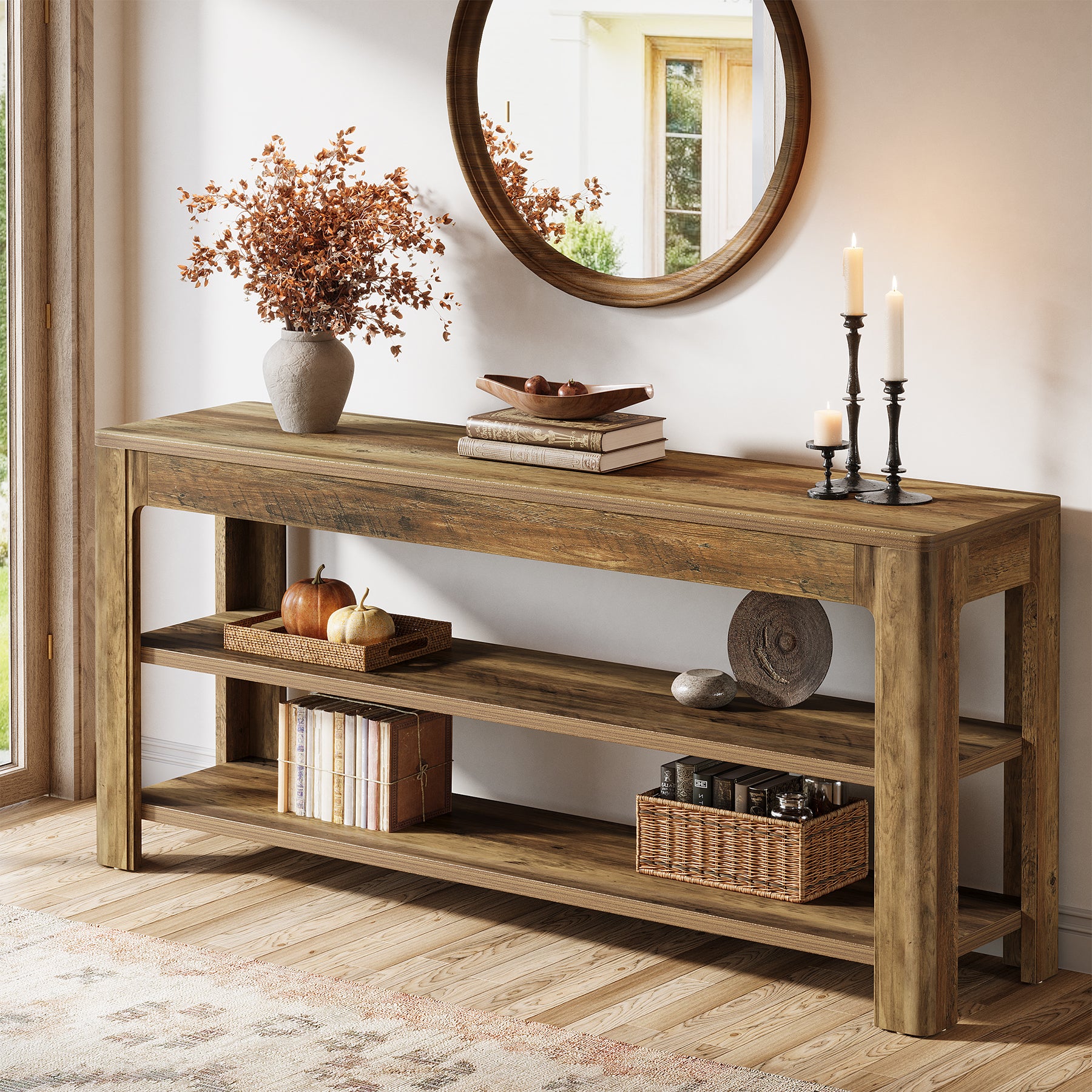 63" Farmhouse Console Table with 3-Tier Shelves, Narrow Wooden Sofa Table with Storage for Entryway, Hallway, or Living Room