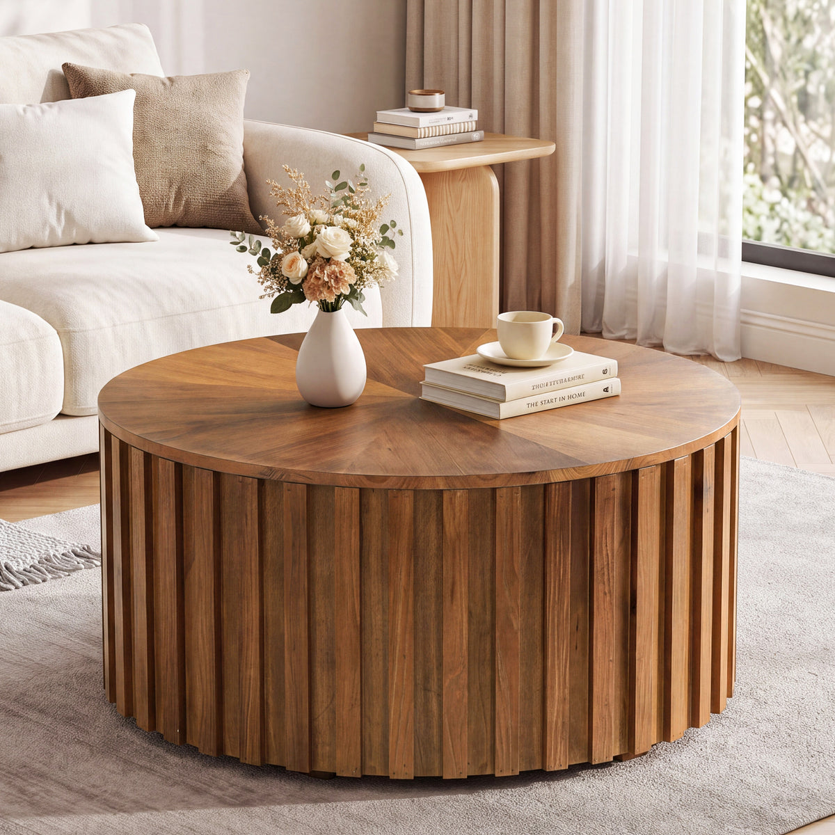 Solid Wood Round Coffee Table, 31.5" Fluted Drum Tea Table with Hidden Storage, No Assembly