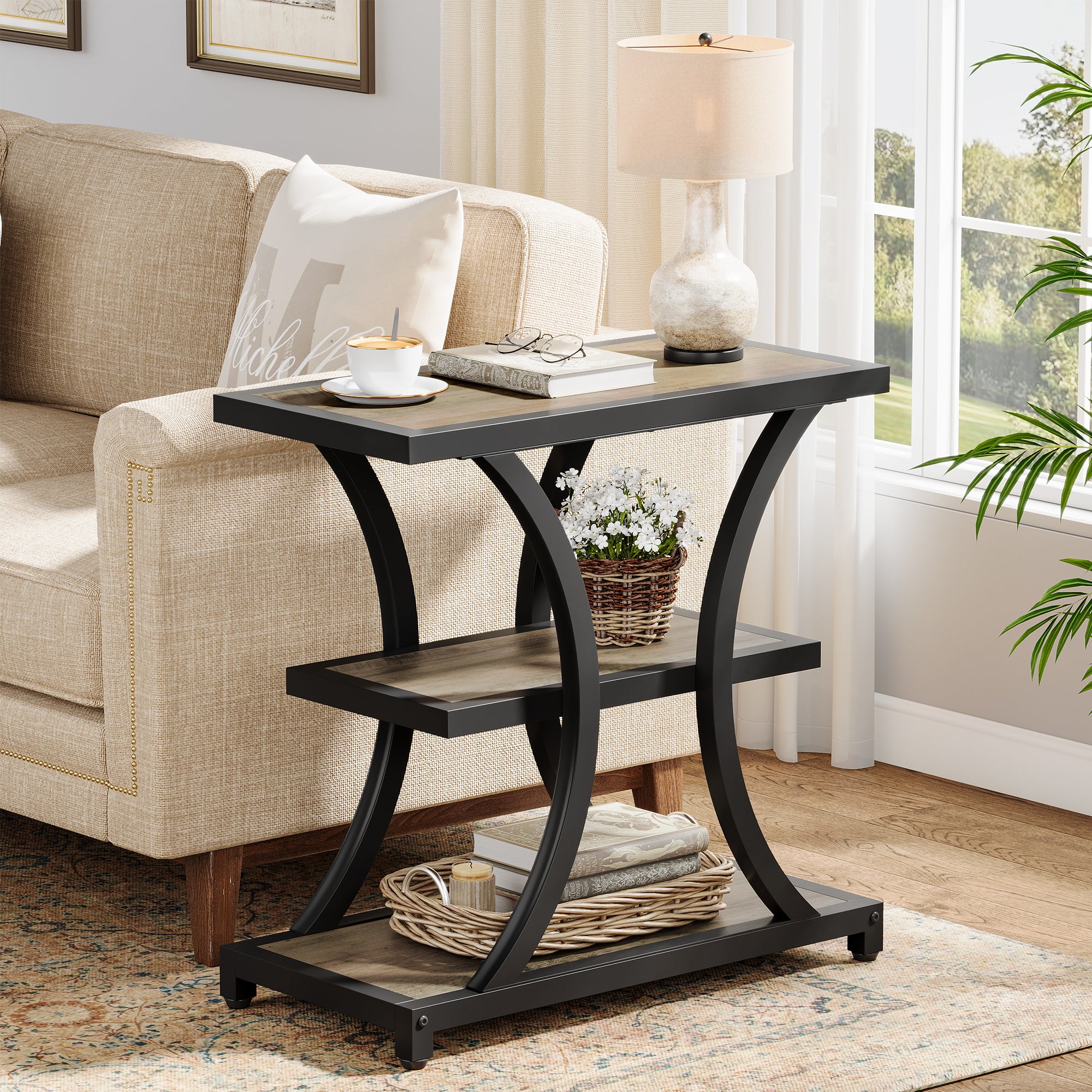 23.6" End Table, 3-Tier Side Table Nightstand with Geometric Design