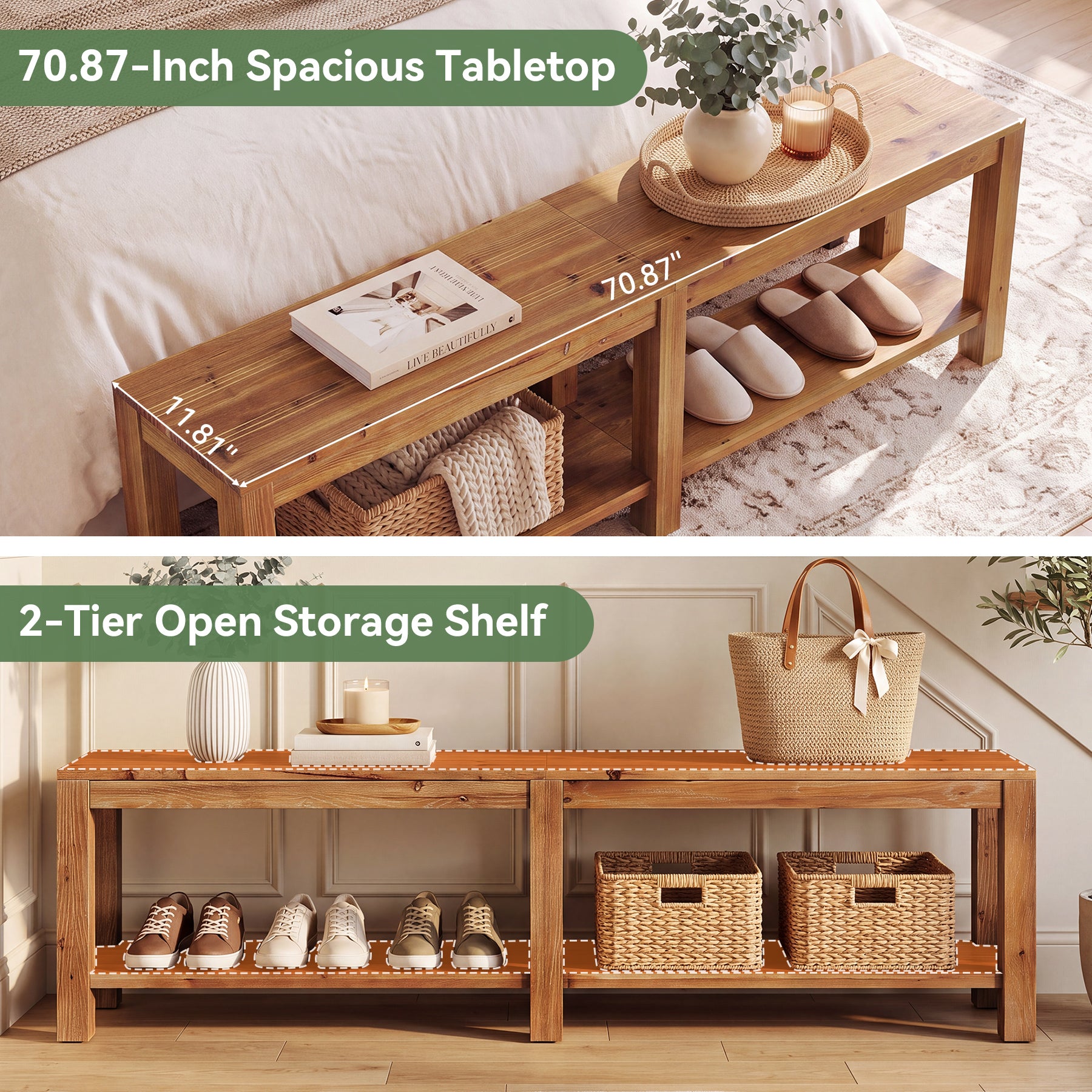 71" Farmhouse Entryway Bench with Storage Shelf, Solid Wood Shoe Bench, Hallway Mudroom