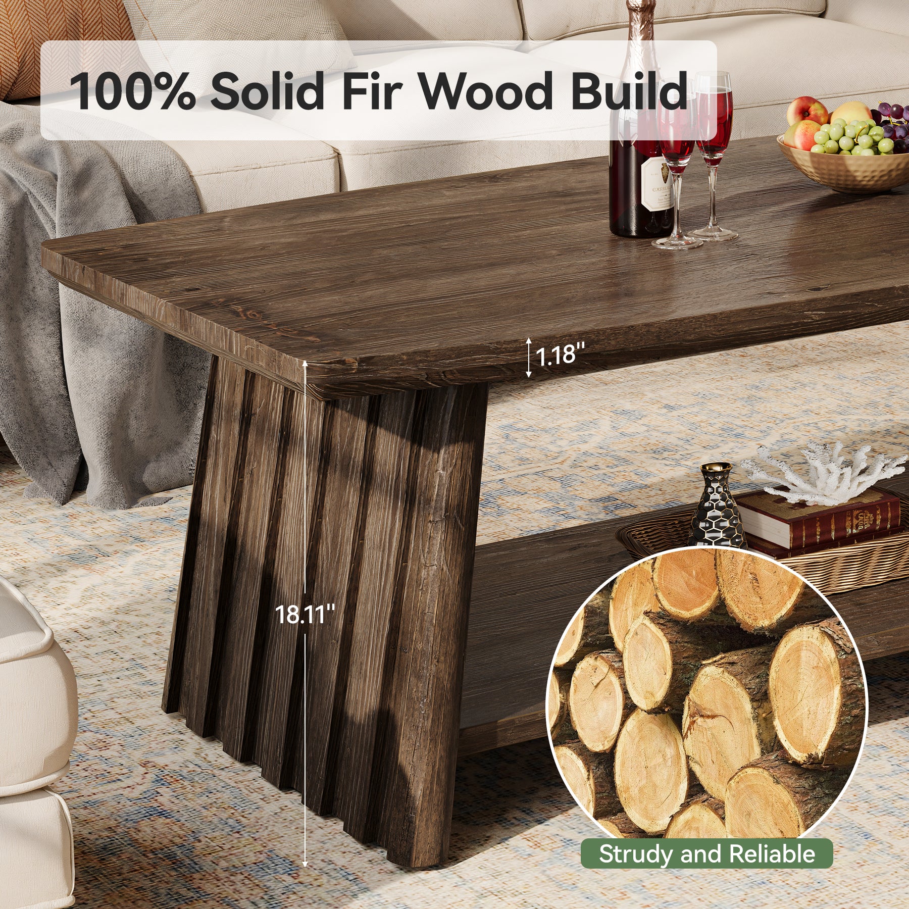 47" Solid Wood Coffee Table, 2-Tier Center Table with Unique Fluted Panels