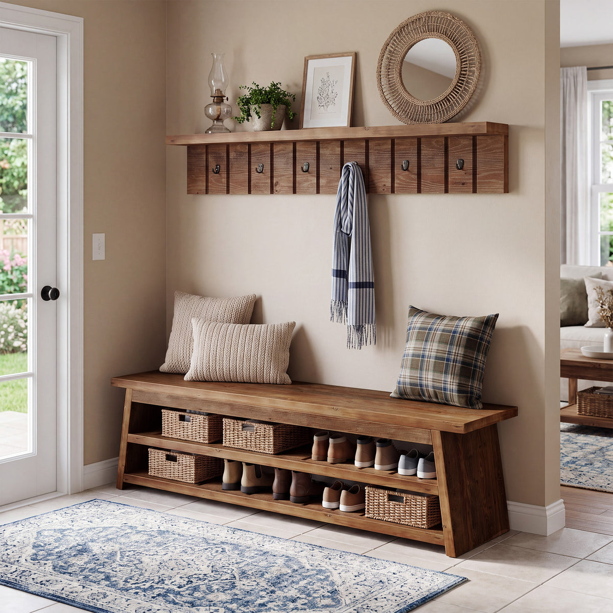 3-Piece Solid Wood Entryway Set, 63" W Coat Rack Set with Bench