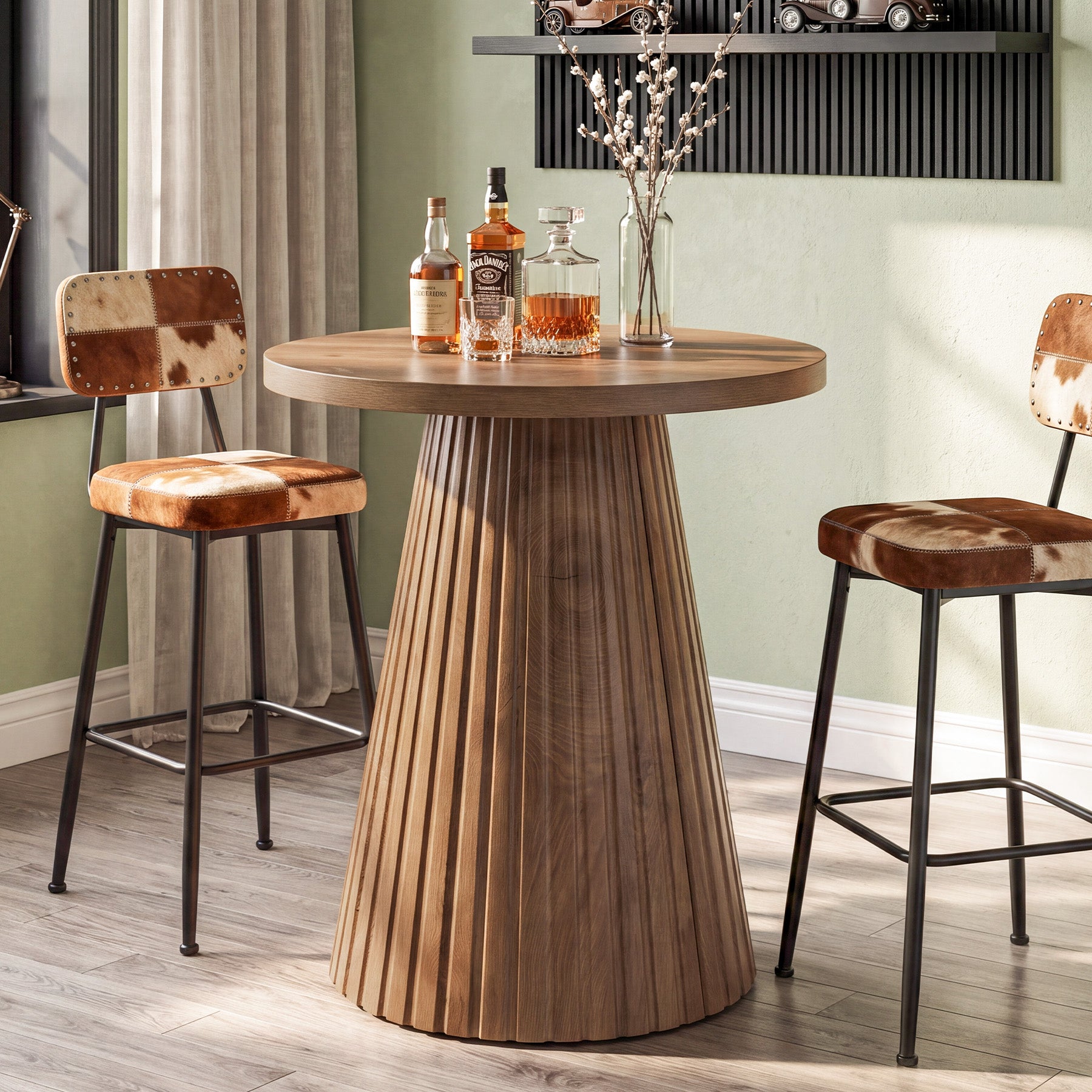 Farmhouse Round Bistro Table, Rustic Fluted Wine Barrel Base, 35" Bar Height Pub Table
